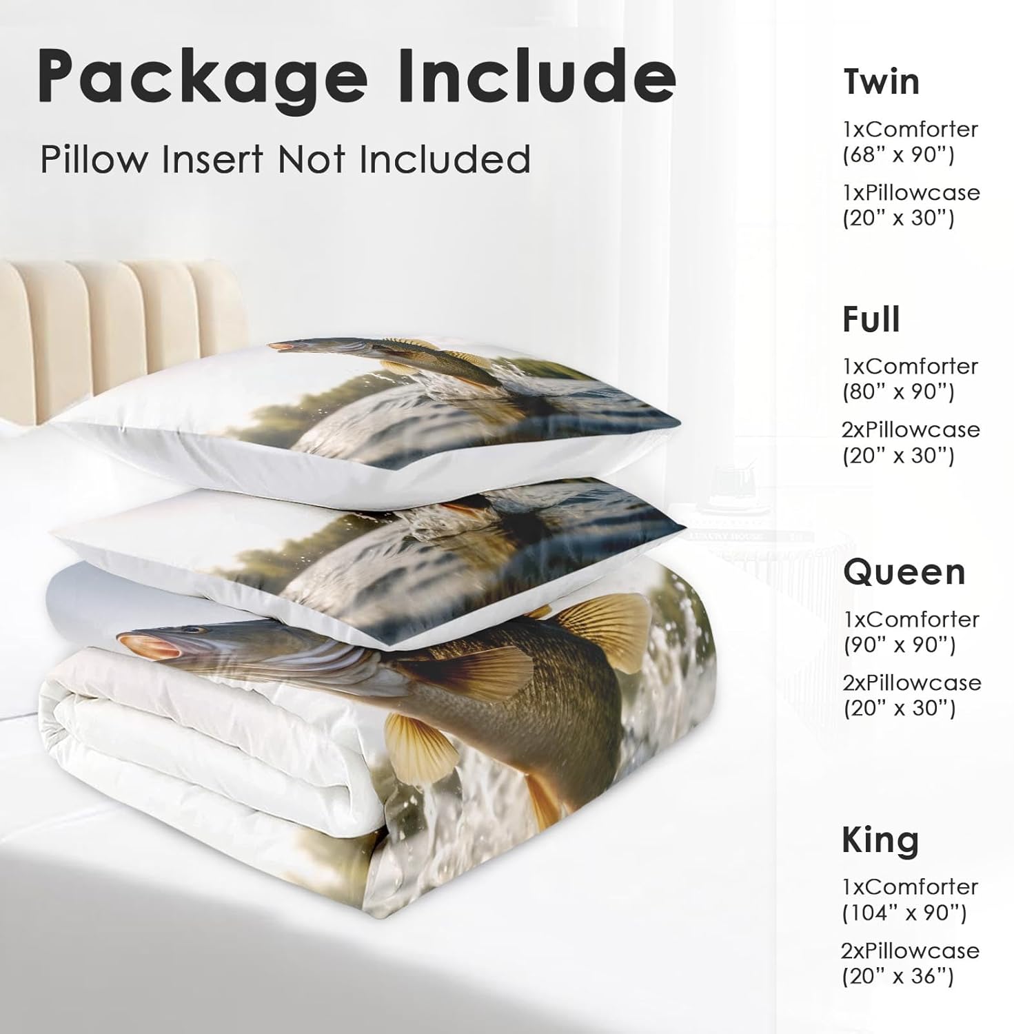 Comforter Set with 2 Pillowcases Full Size, Big Bass Fish Hunting Fishing, Bed Decor Nature Lake Life Pike Fish Scales for Kids and Adults, Soft Cozy Bedroom Bedding Set - Image 2