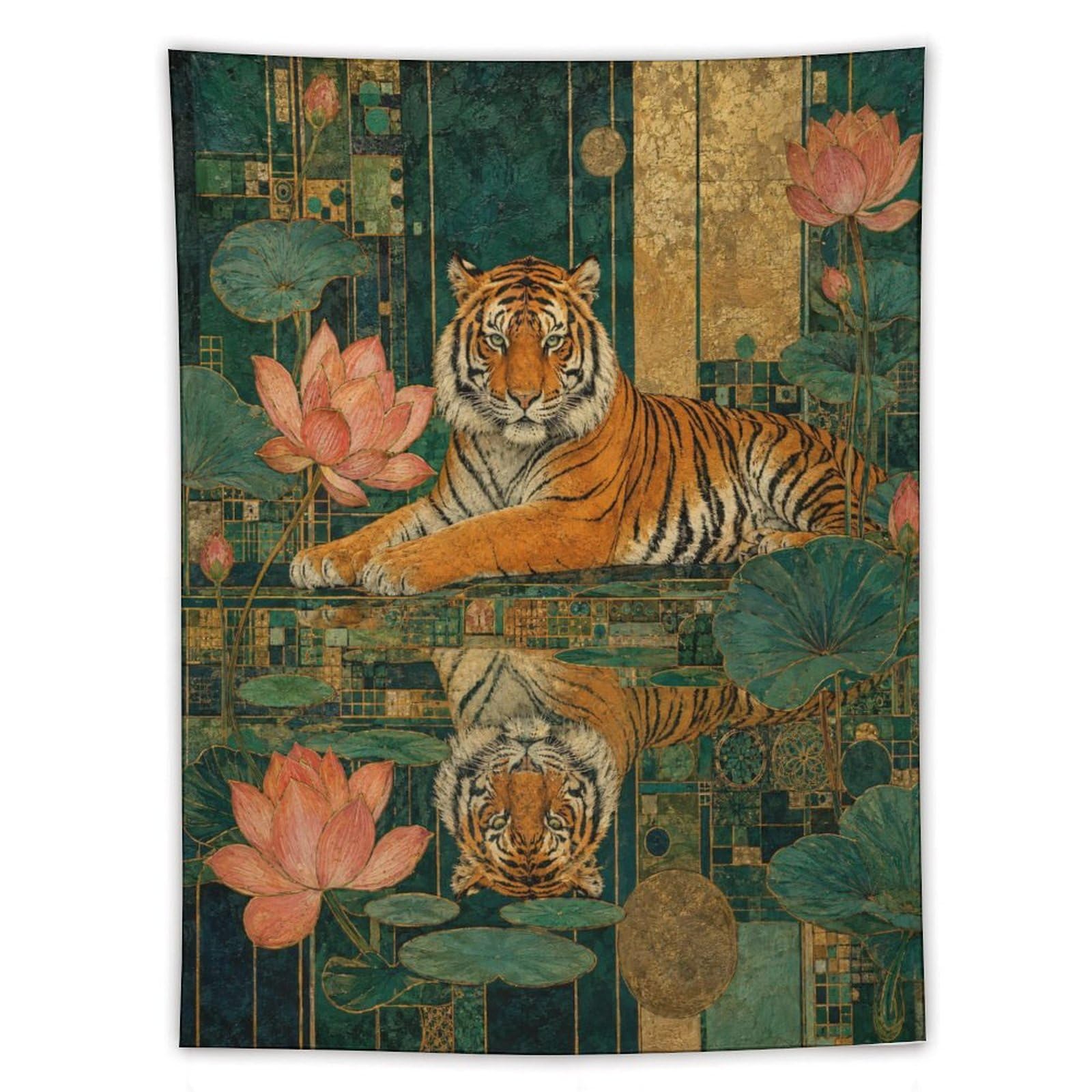 H3B8U2Y5 Tiger with Lotus Wall Tapestry, Asian Ink, Stylized Wildlife