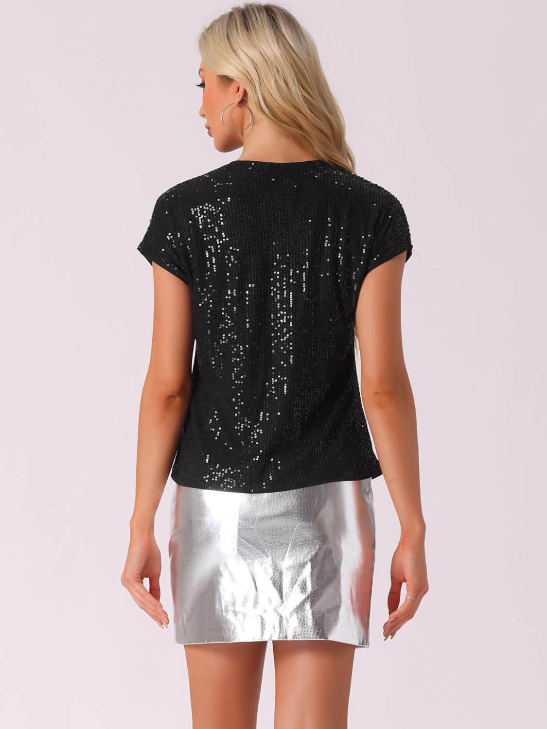 Allegra K Sparkly Sequin Top for Women's Short Sleeve V Neck Party Metallic Tops - Image 3