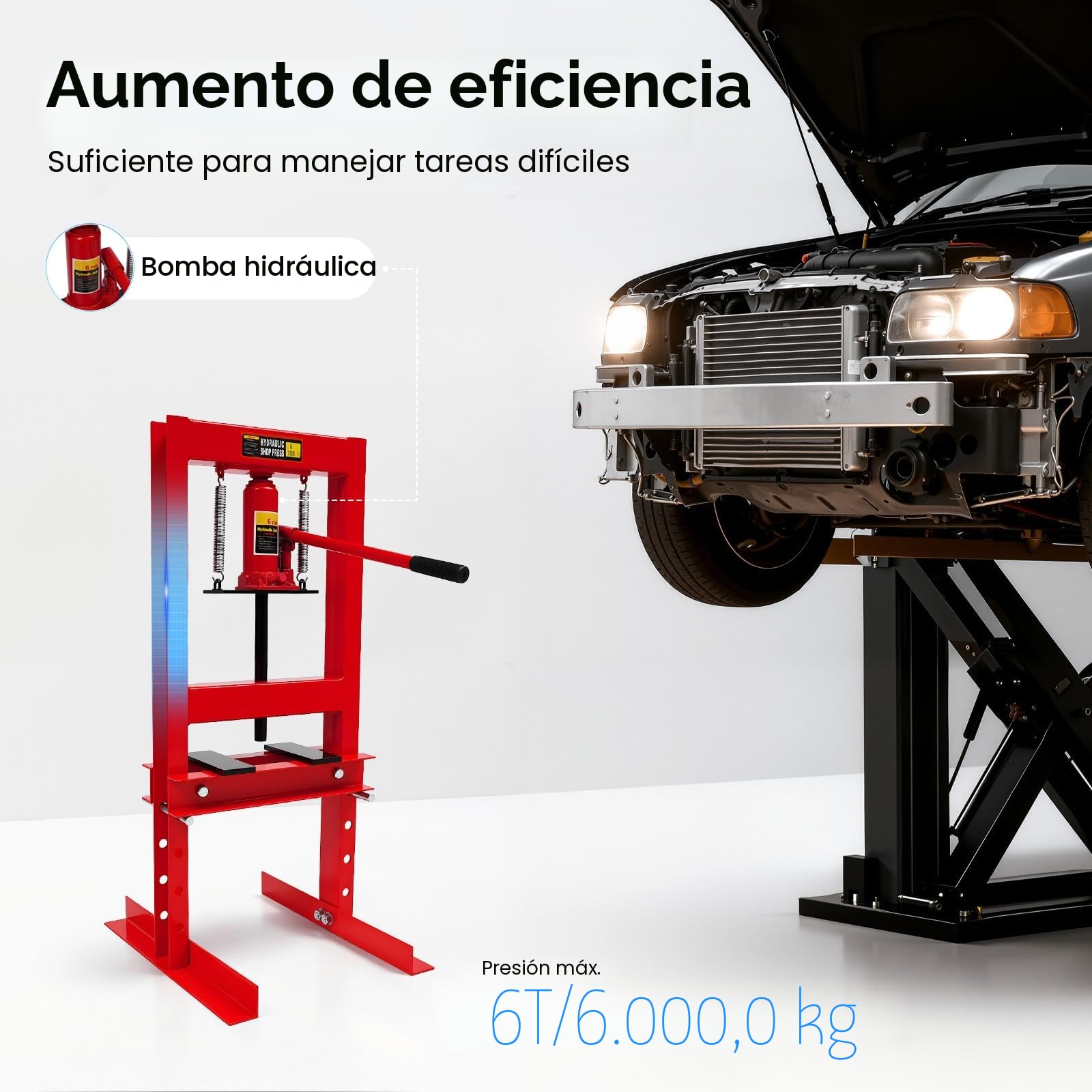 Prensa hidráulica de 6 toneladas, prensa manual de taller para garaje y trabajo de metal, prensa hidráulica estable con 4 niveles de altura y válvula de seguridad, ideal para cambios de rodamientos