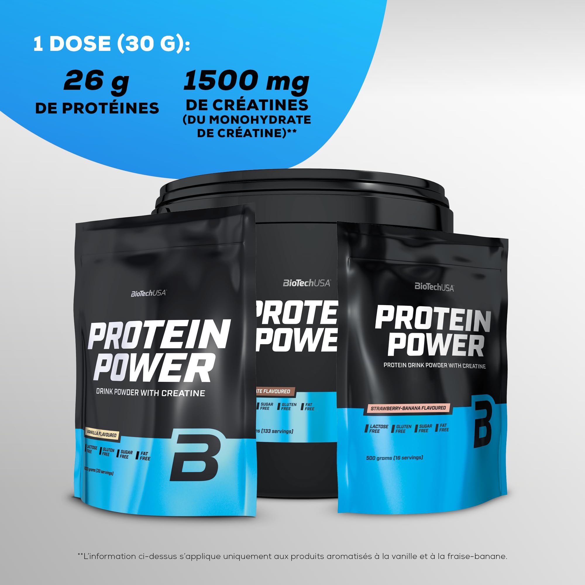 BioTechUSA Protein Power | hyperprotéiné, sans sucre, sans lactose, sans gluten | avec créatine ajoutée, 1 kg, Chocolat