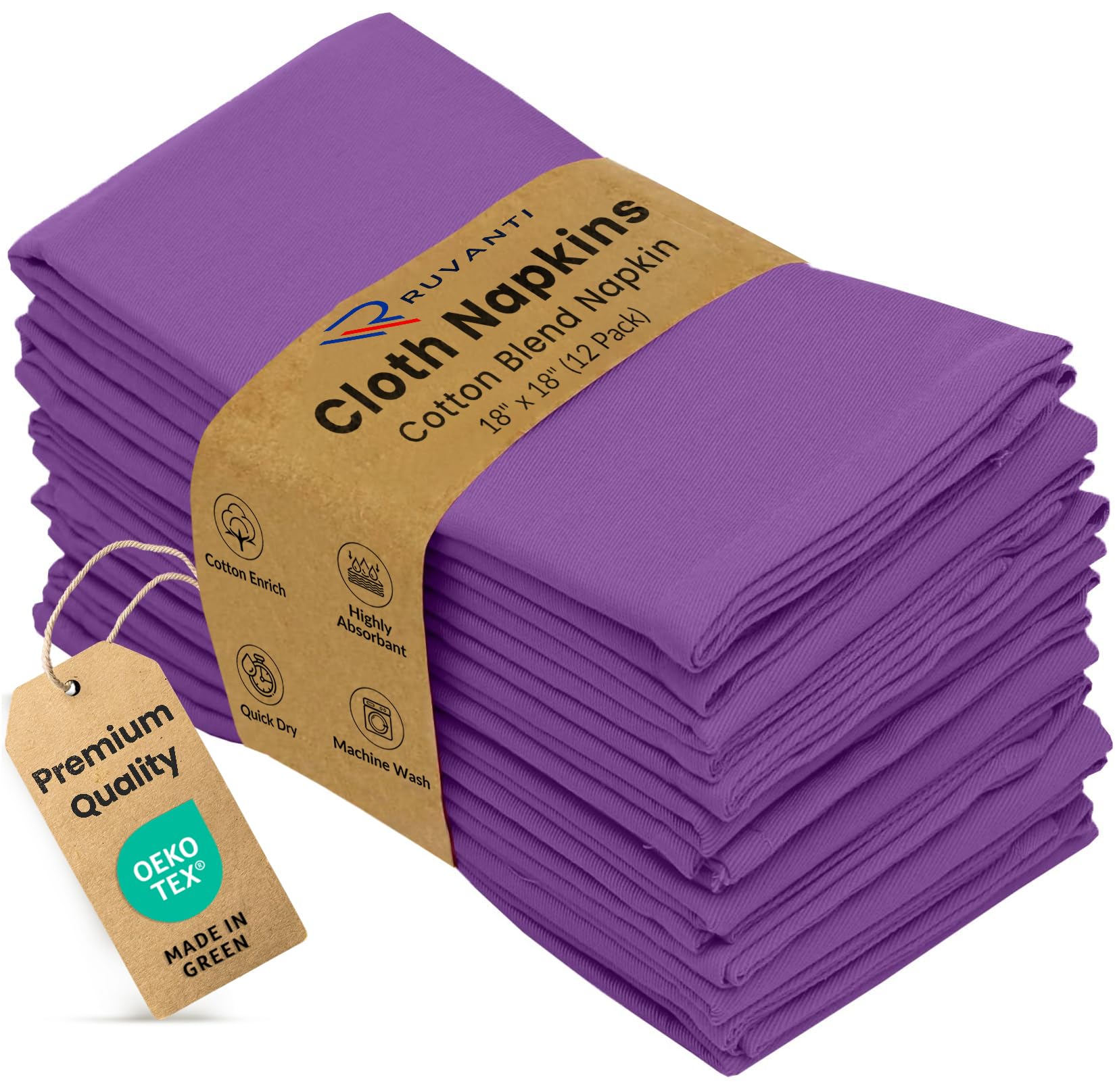 Ruvanti Cloth Napkins Set of 12, Cotton Enrich 18”x18” - Purple