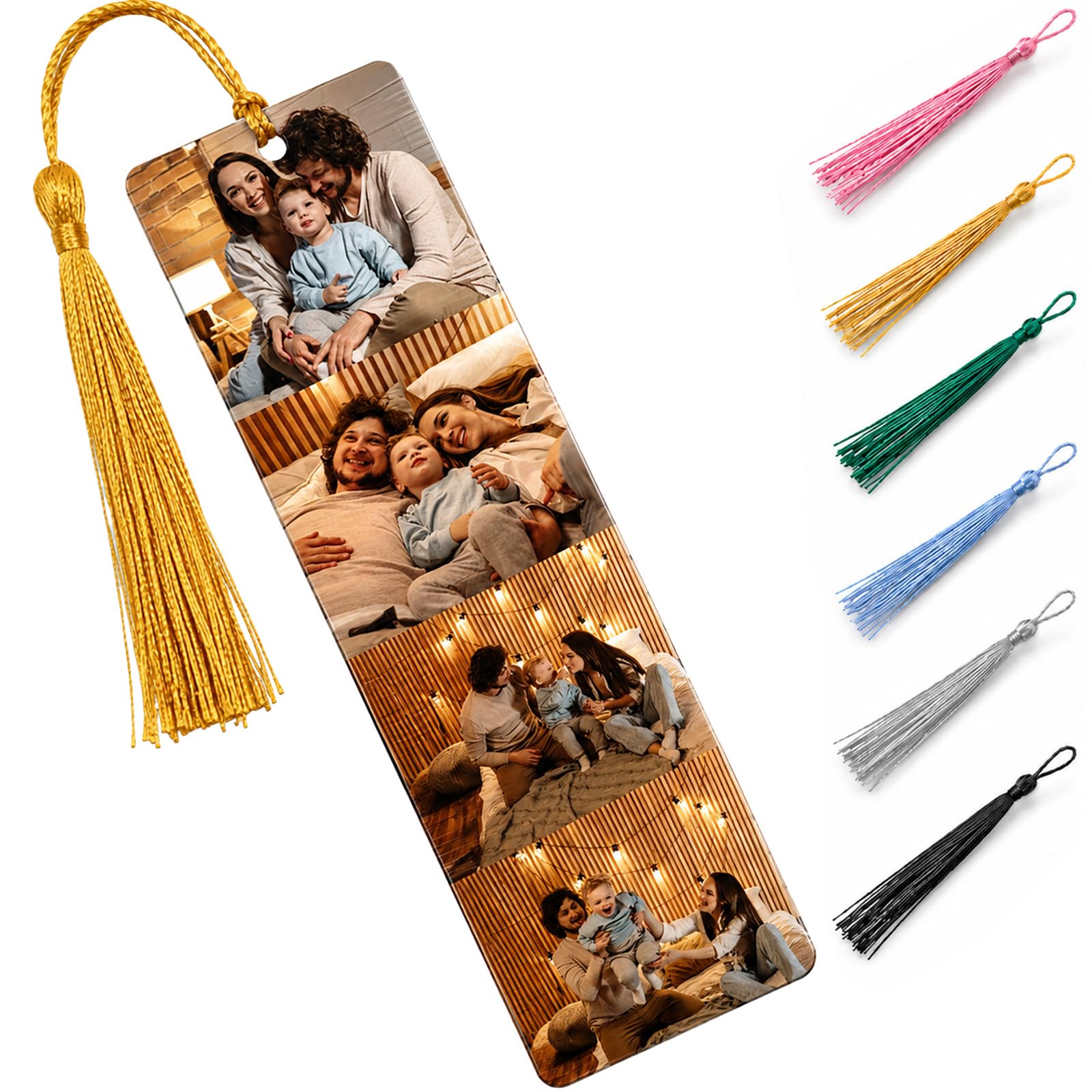 OMNRELM Personalised Photo Bookmark with Text, Custom Metal Bookmark with Colour Tassel, Aluminium Book Marker Gift for Mum Dad Girlfriend Boyfriend Teacher Book Lovers (4 Photos) — image 1