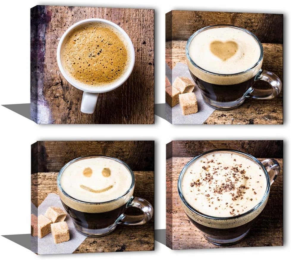 Noah Art-Contemporary Coffee Cup Wall Decor Canvas Prints, Drinking Artwork Coffee Painting Photo Printing, 4 Panel Framed Coffee Themed Canvas Wall Art for Cafe Kitchen Dining Room Wall Decoration