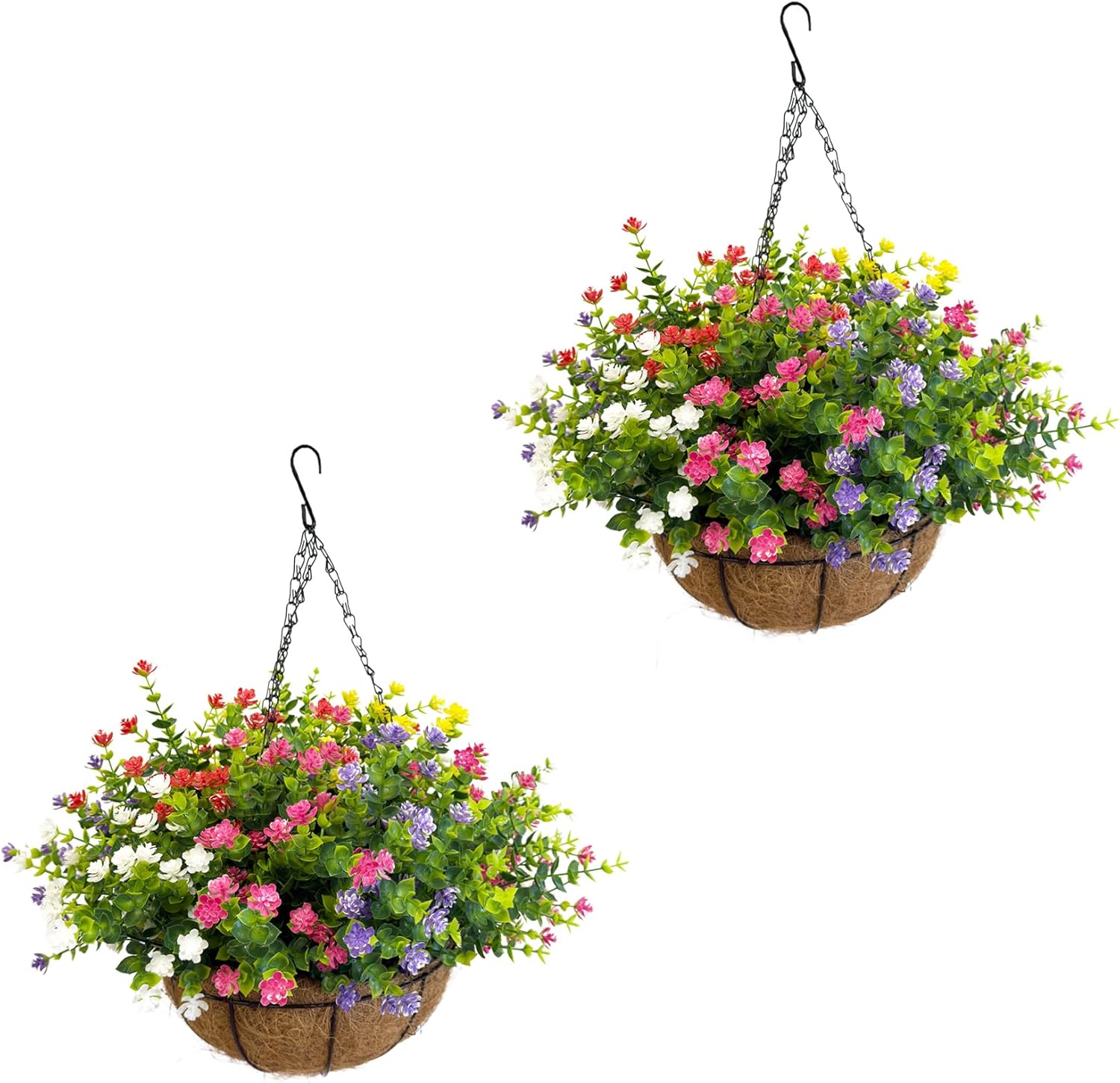 Artificial Hanging Plants Flowers with Basket 2 Packs, Artificial Hanging Flowers for Outdoors, Faux Hanging Plants Outdoor, Fake Flowers, Yellow+Purple+Pink+Red+White+Green