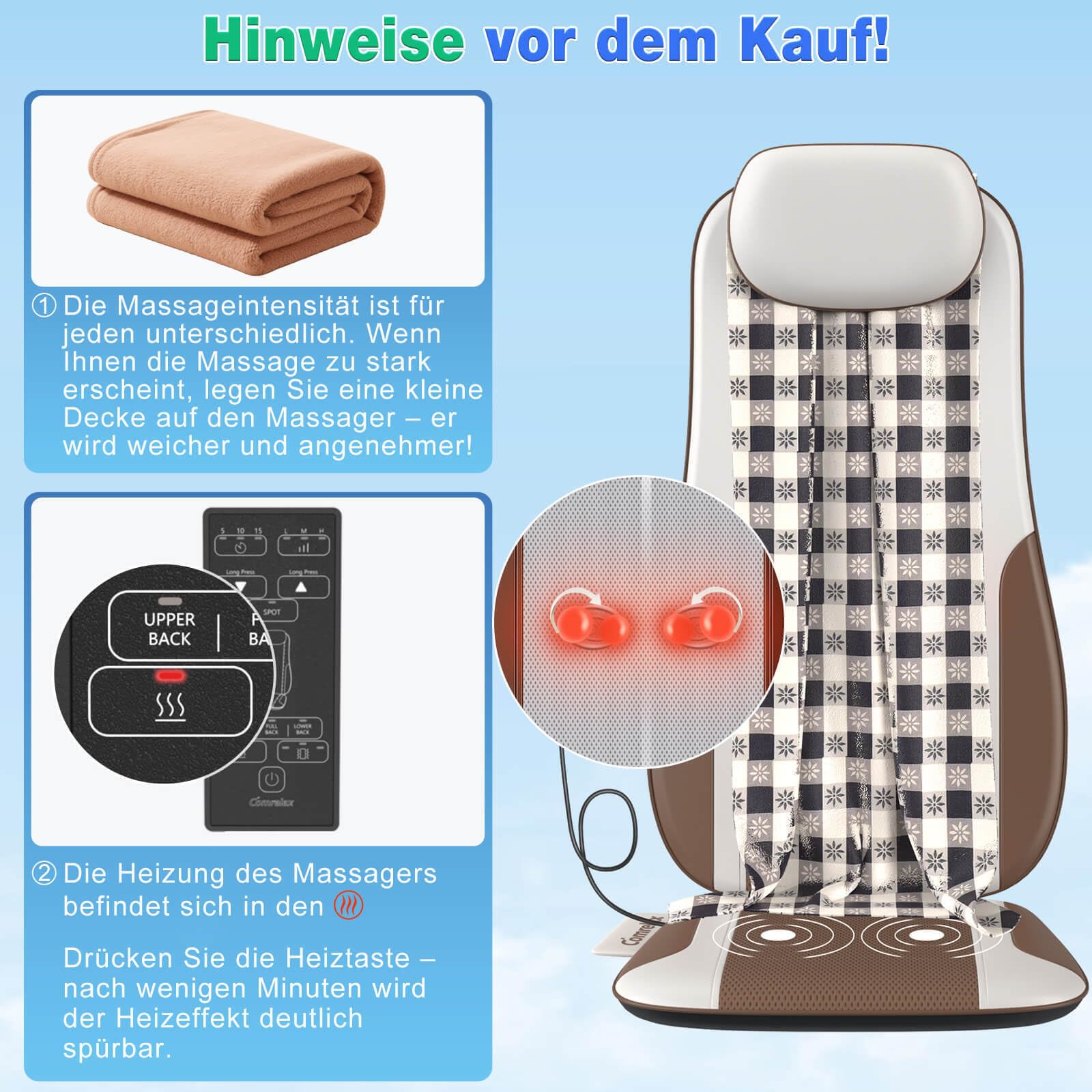 Shiatsu-Rückenmassagegerät mit Wärme, Massage-Sitzkissen für Stressminderung, Tiefenmassage-Knetung & Roller, 2 Vibrationsmotoren, Rücken-, Taillen- und Hüftmassagegerät, PU-Leder, mit 2 Netzteilen