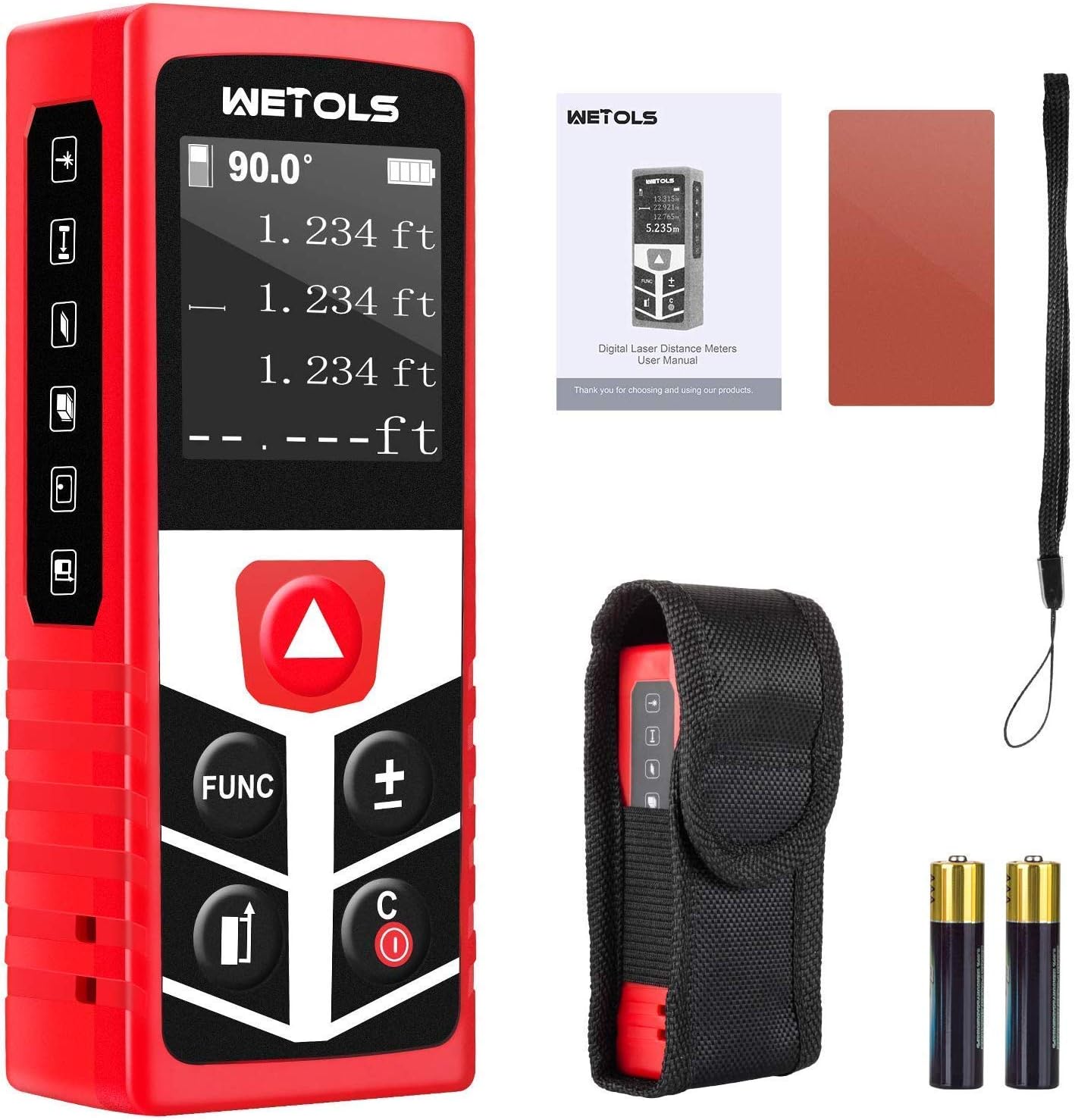 WETOLS Laser Distance Meters, 196ft M/in/Ft Laser Measure with Electronic Angle Sensor and Mute Function, Backlit LCD, for Pythagorean, Distance, Area and Volume Measuring, WE-183