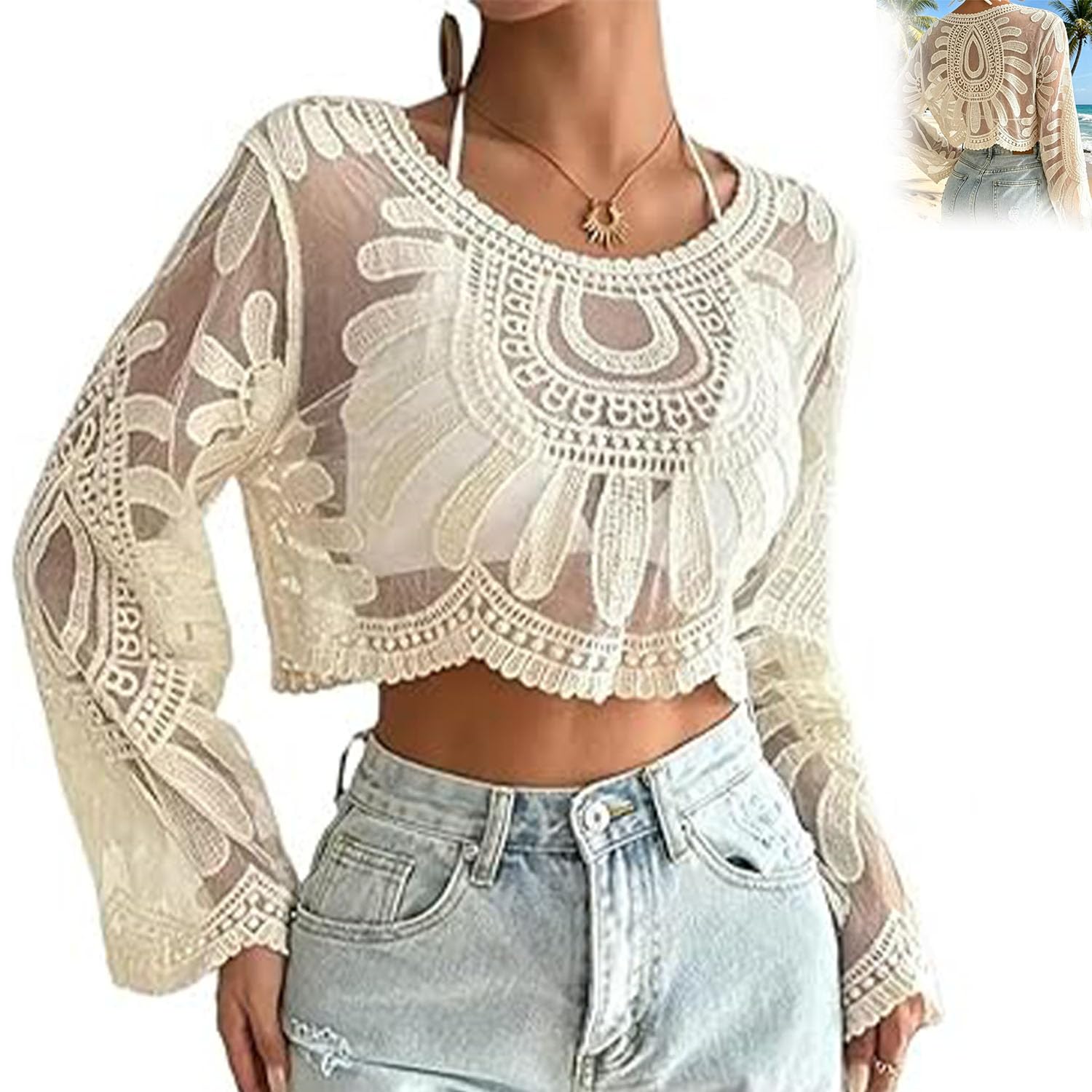 Kimono da donna con ricamo floreale, semi-trasparente, a maniche lunghe, in pizzo, bohémien, cardigan leggero per spiaggia, costumi da bagno, vacanze, abbigliamento estivo