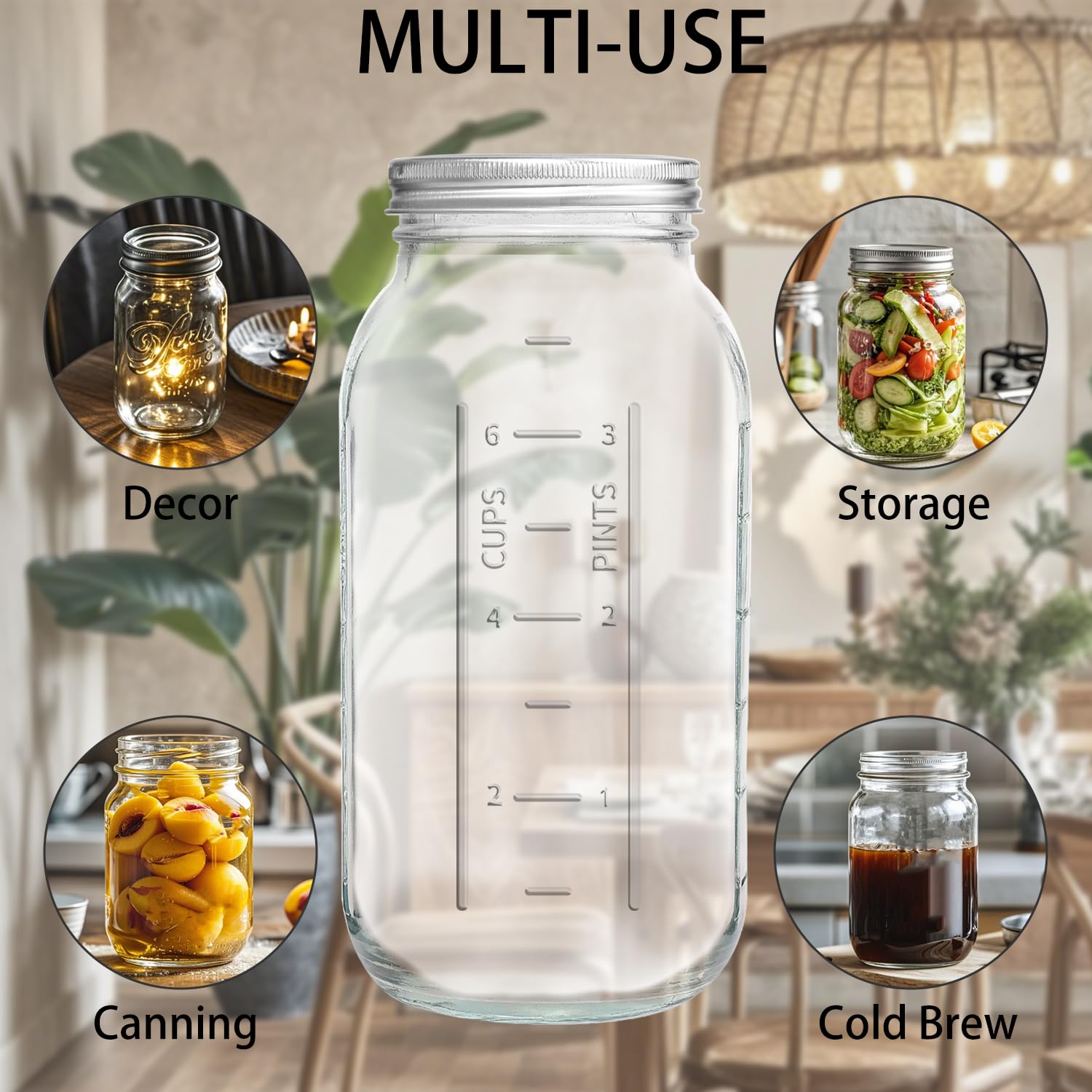 eleganttime Einmachglas mit breiter Öffnung, 1,8 l, 3 Stück, großes Einmachglas mit luftdichtem Deckel, große Einmachgläser zum Einkochen, Beizen, Gären und Konservieren
