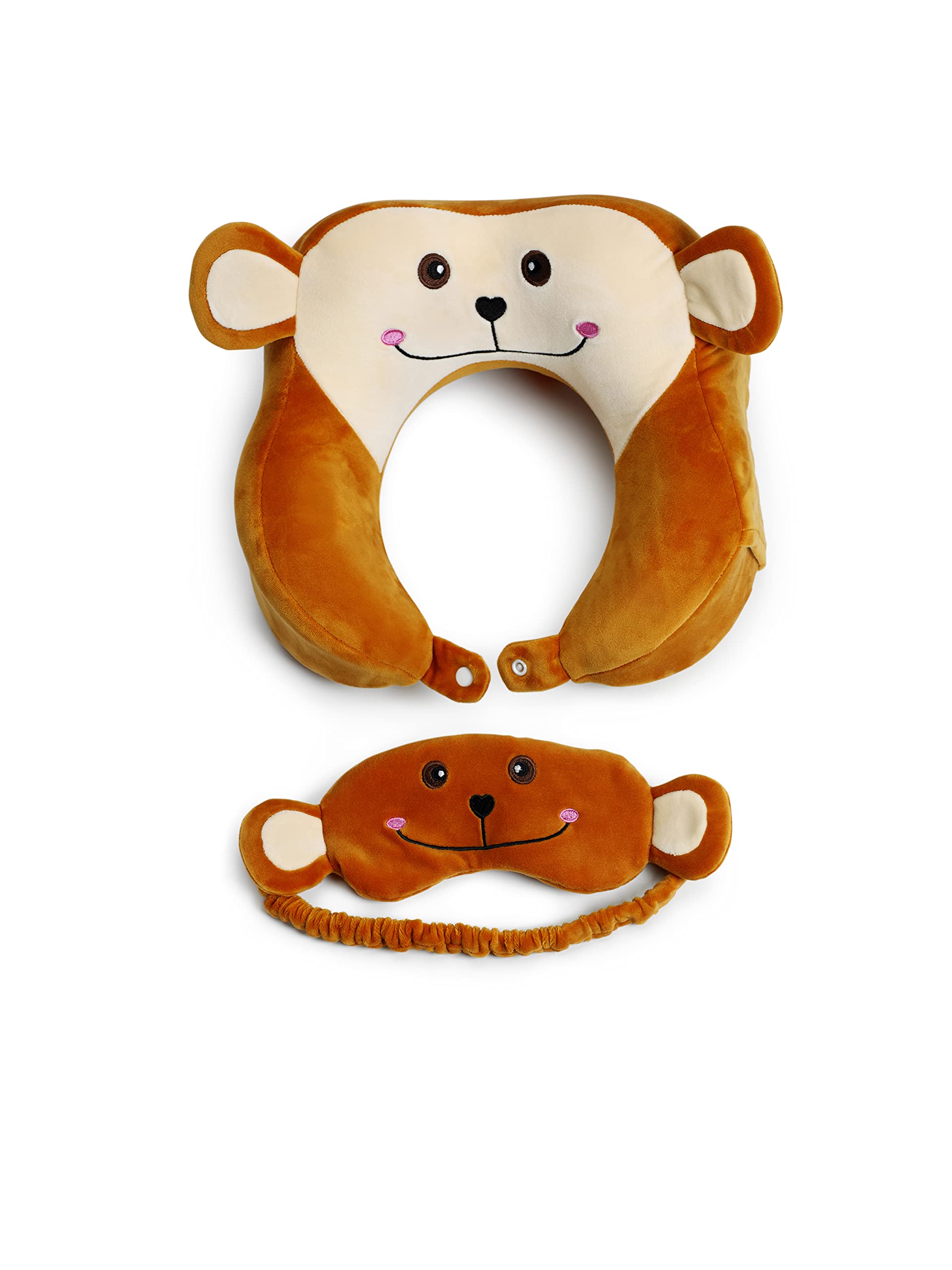 Mousehouse Gifts Monkey - Memory Foam Travel Pillow & Eye Mask Set, Plush Neck Support For Kids' Comfort