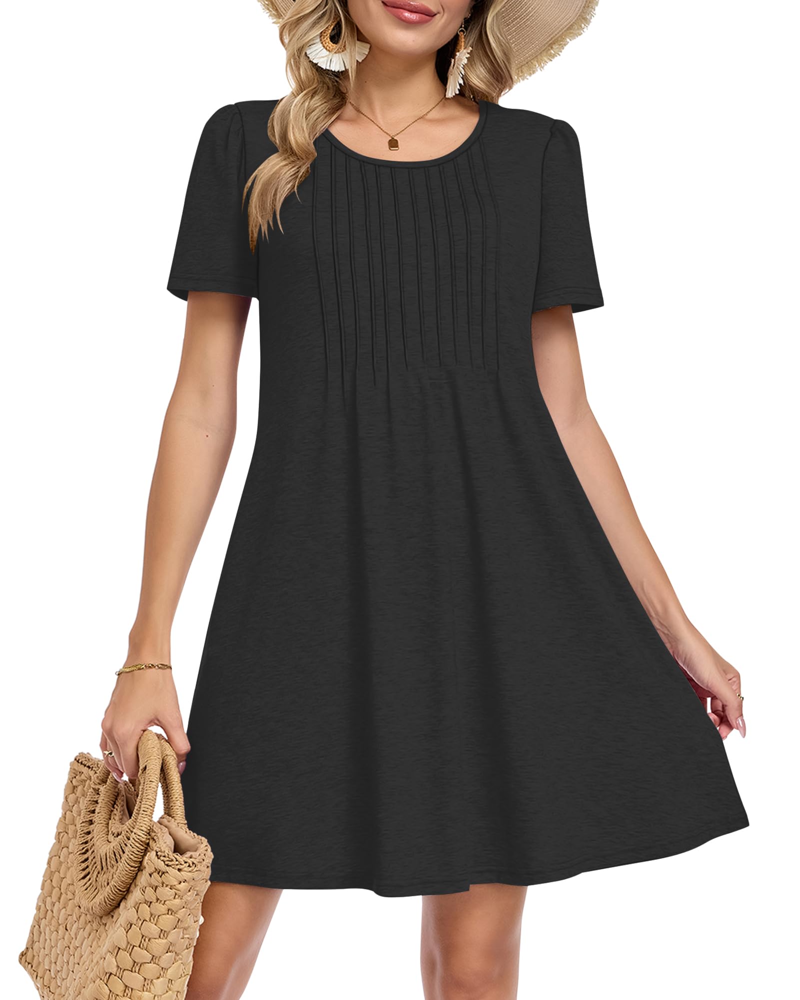 MOLERANI Women Summer Dresses - Round Neck Ladies Dress Short Sleeve Midi Dress with Pockets Black XL