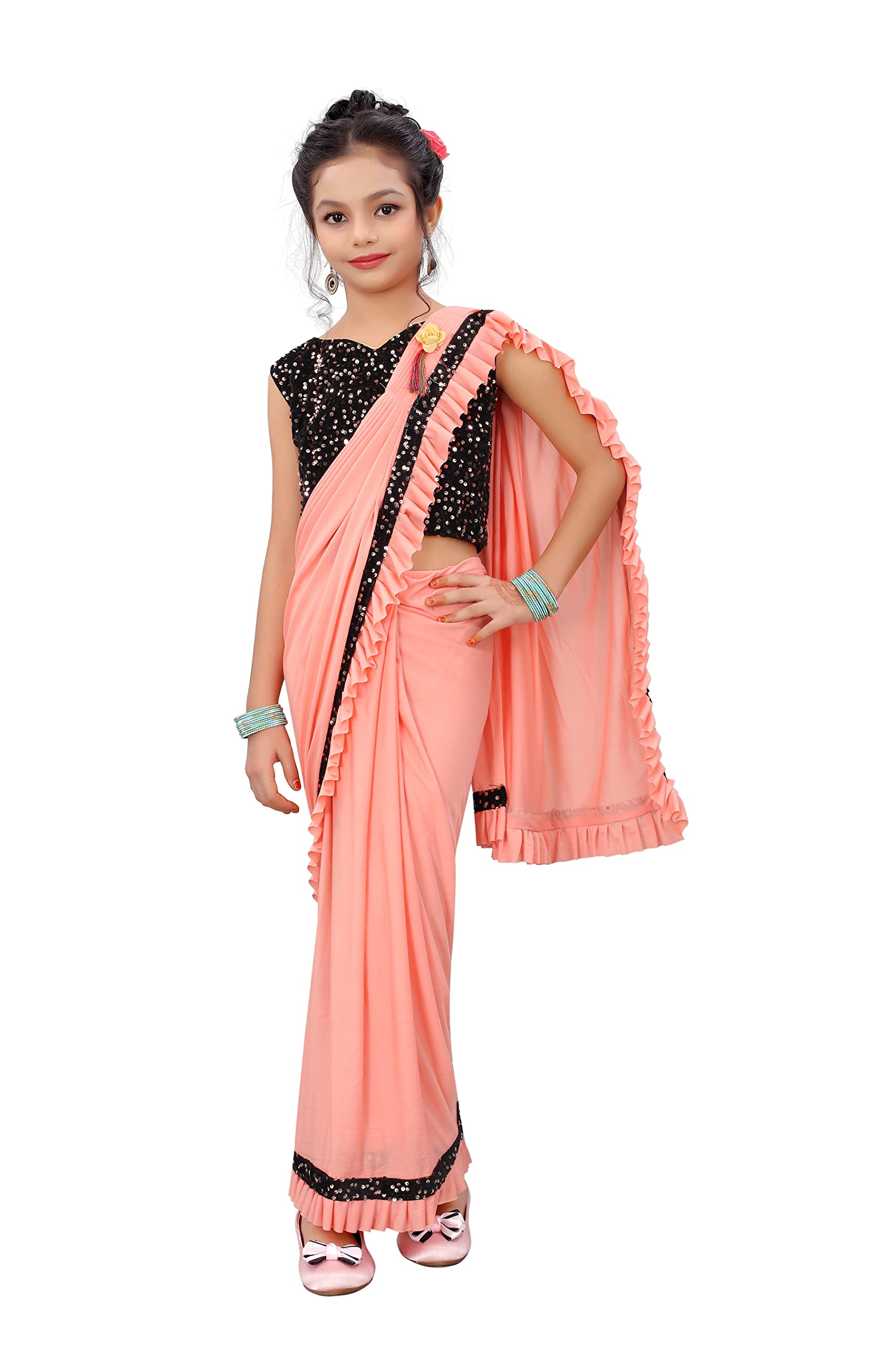 GenericShree Fashion FAB Girl's Fashionable Lycra Saree With Sequins Separate Blouse Piece- LARGE (8-9 Yrs)