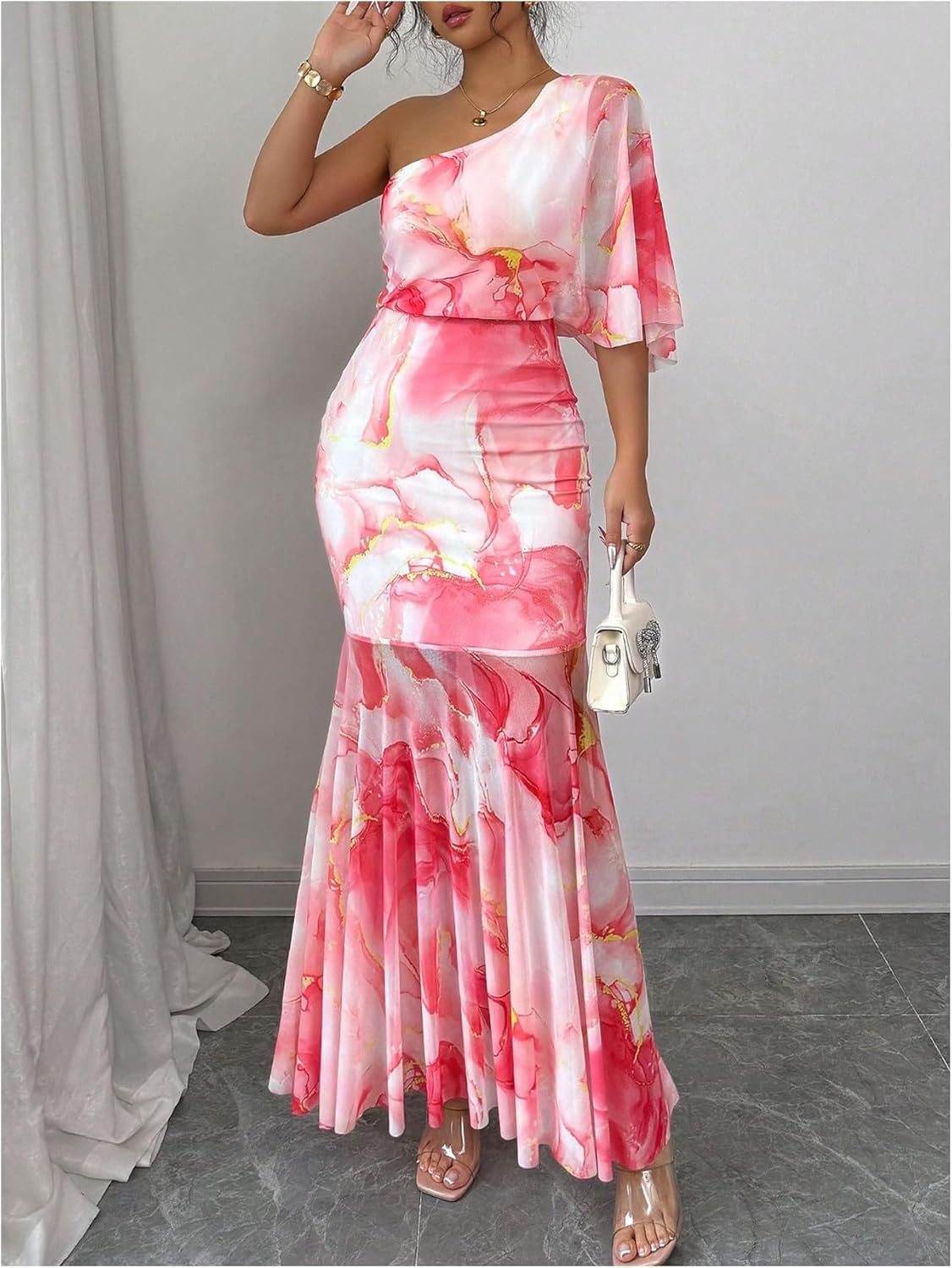 Floerns Women's One Shoulder Maxi Dress Floral Mesh Flutter Sleeve Ruffle Hem Beach Long Dresses - Image 4