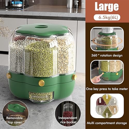 Miniatura 3 de Enfudid Contenedor de almacenamiento de granos de alimentos de gran capacidad, dispensador de arroz de 6 rejillas, caja de almacenamiento de