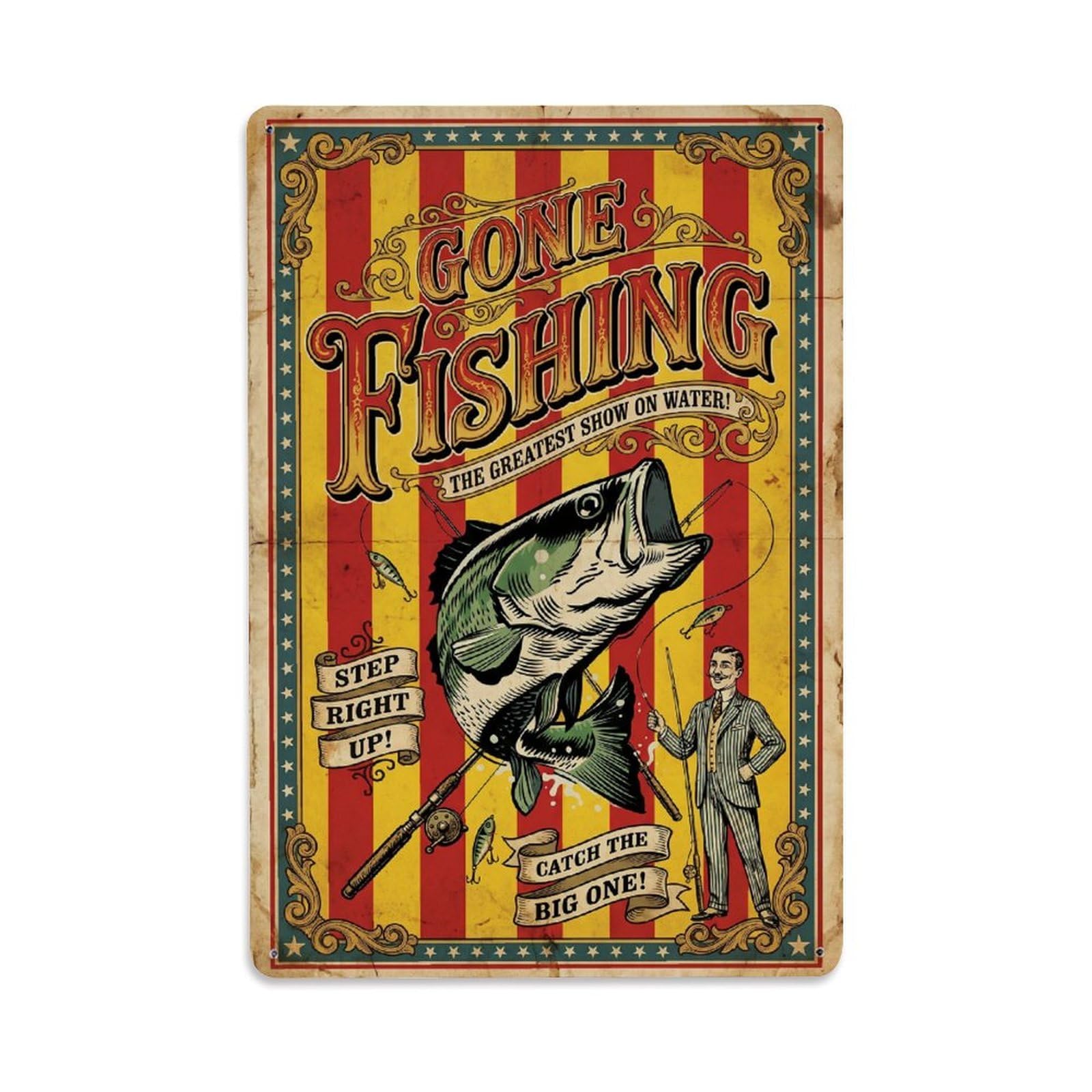 Gone Fishing River Fishing Vintage Metal Tin Sign Plaque Wall Decor for Cafe, Club, Garden Metal Poster 8x12Inch