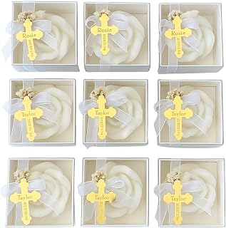 Personalized Candle Favor with Cross Label – Christening, Religious Wedding, Baptism, Baby Shower Favor – Rose Shaped Soy Candle in Gift Box (10-20-30-40-50-100 PCS in Bulk)