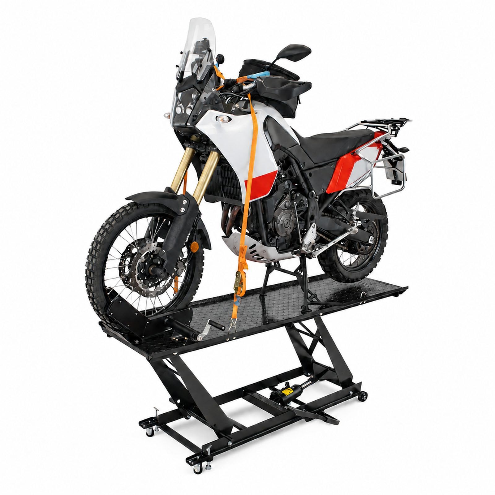 TRUTZHOLM Motorradhebebühne hydraulisch Tragkraft 450 kg Motorradheber Nutzbreite 55 cm Hubbereich 18-84 cm abnehmbare Auffahrrampe 4 Halteösen 45° Vorderradklemmung Parallelheber Hebebühne (Schwarz)