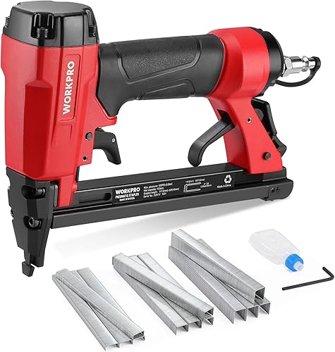 WORKPRO Pistola de grapas neumática 8016, grapadora de tapicería de calibre 21 con 1500 grapas de 14 a 58 pulgadas, accionada por aire, escape