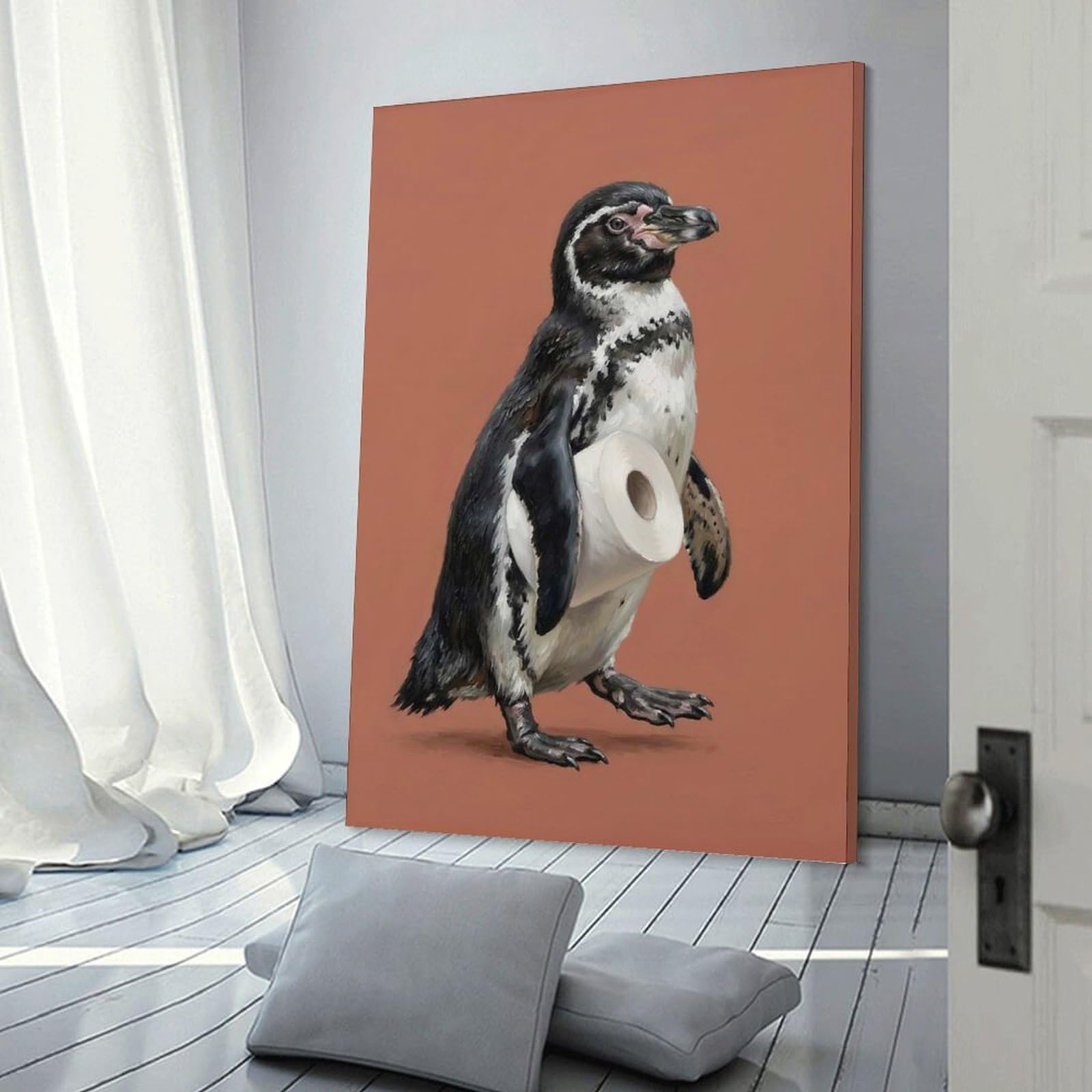 Junmoney Penguin Holding Toilet Paper Hanging Wall Art, 24x36inch(60x90cm), for New Homes, Bedrooms Or Workspaces, Thoughtful Wall Decor for Art Lovers