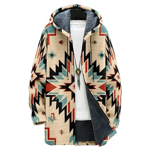Mens Oversized Western Aztec Long Hooded Cardigan Ethnic Vintage Tribal Print Sweater Coat with Pockets