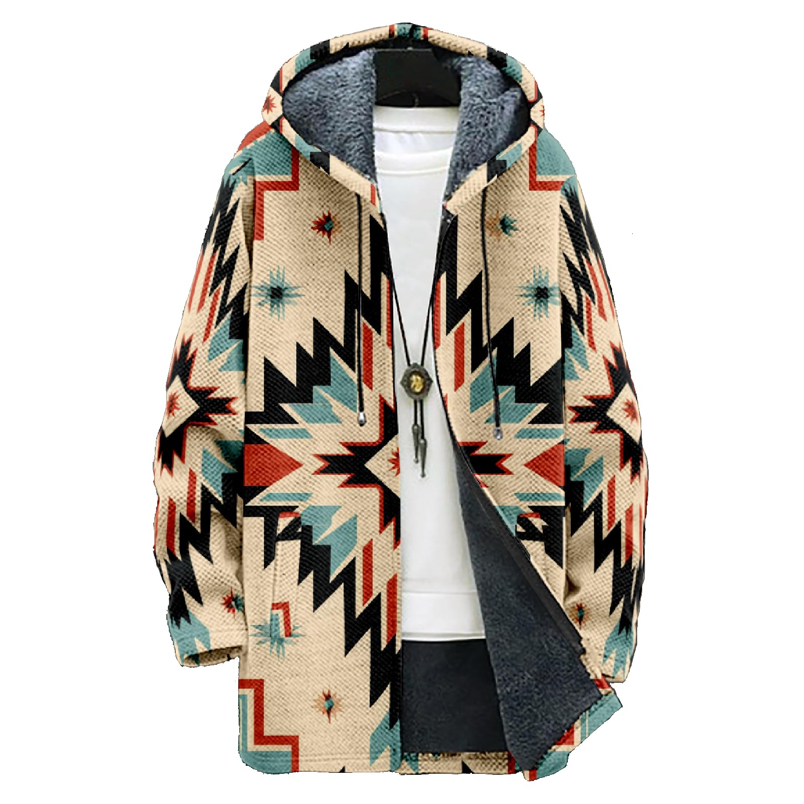 Mens Oversized Western Aztec Long Hooded Cardigan Ethnic Vintage Tribal Print Sweater Coat with Pockets
