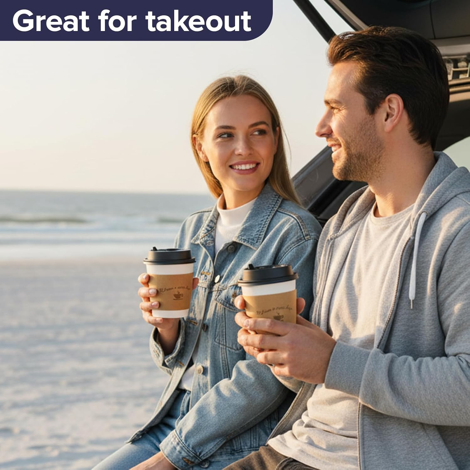 LITOPAK 100 Pack 10 oz Disposable Coffee Cups with Lids and Kraft Sleeves, Leak-Proof White To Go Coffee Cups for Office, Cafe, Catering, Events and Daily Commute