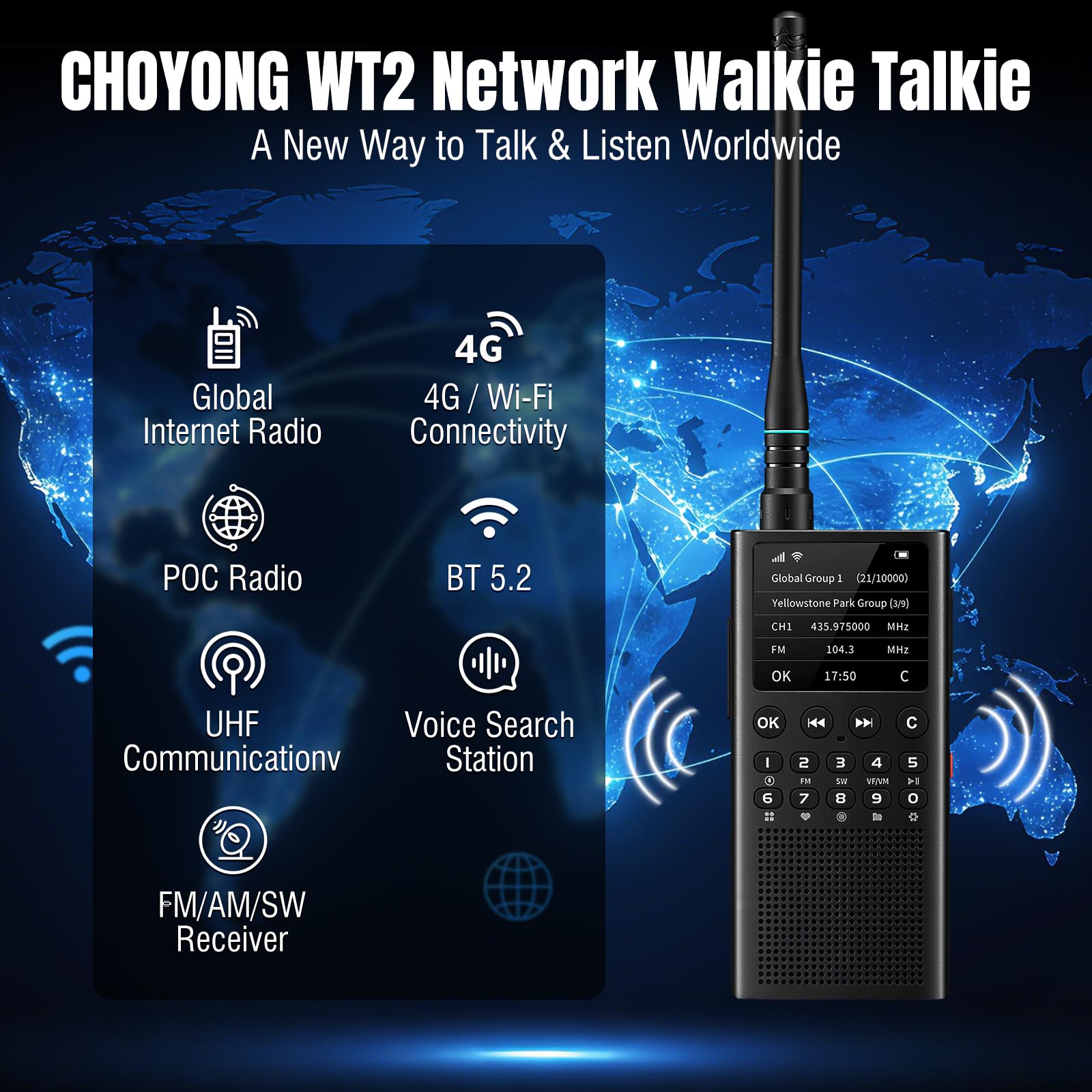 CHOYONG WT2 Sieciowy Walkie Talkie, Radiotelefon Dalekiego Zasięgu z Odbiorem FM/AM/SW, Komunikacja Grupowa POC WiFi/4G, Wyszukiwanie Głosowe GPT, Akumulator 2500mAh, Czarny