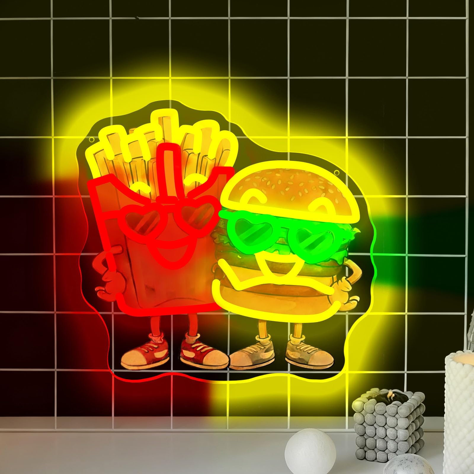 Fast Food Neon Sign for Bussiness Dimmable Burger Fries Neon Light Sign for Wall Decor French Fries Burger LED Signs Suitable for Light Up Fast Food Restaurants and Dining Car Decorations