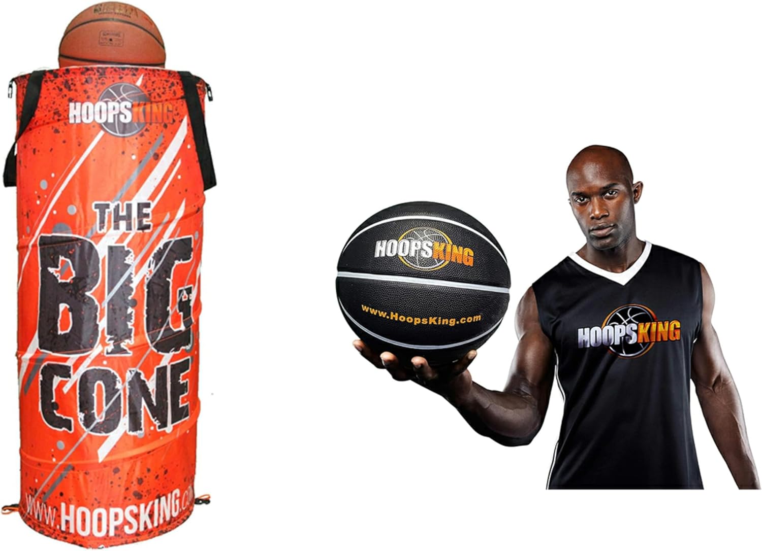 HOOPSKING Big Cone Sports Training Cone for Basketball, Soccer, Football, & Lacrosse + Weighted Basketball (28.5"-2.75 lbs, 29.5"-3 lbs) w/Online Training Video for Skill & Strength Building.