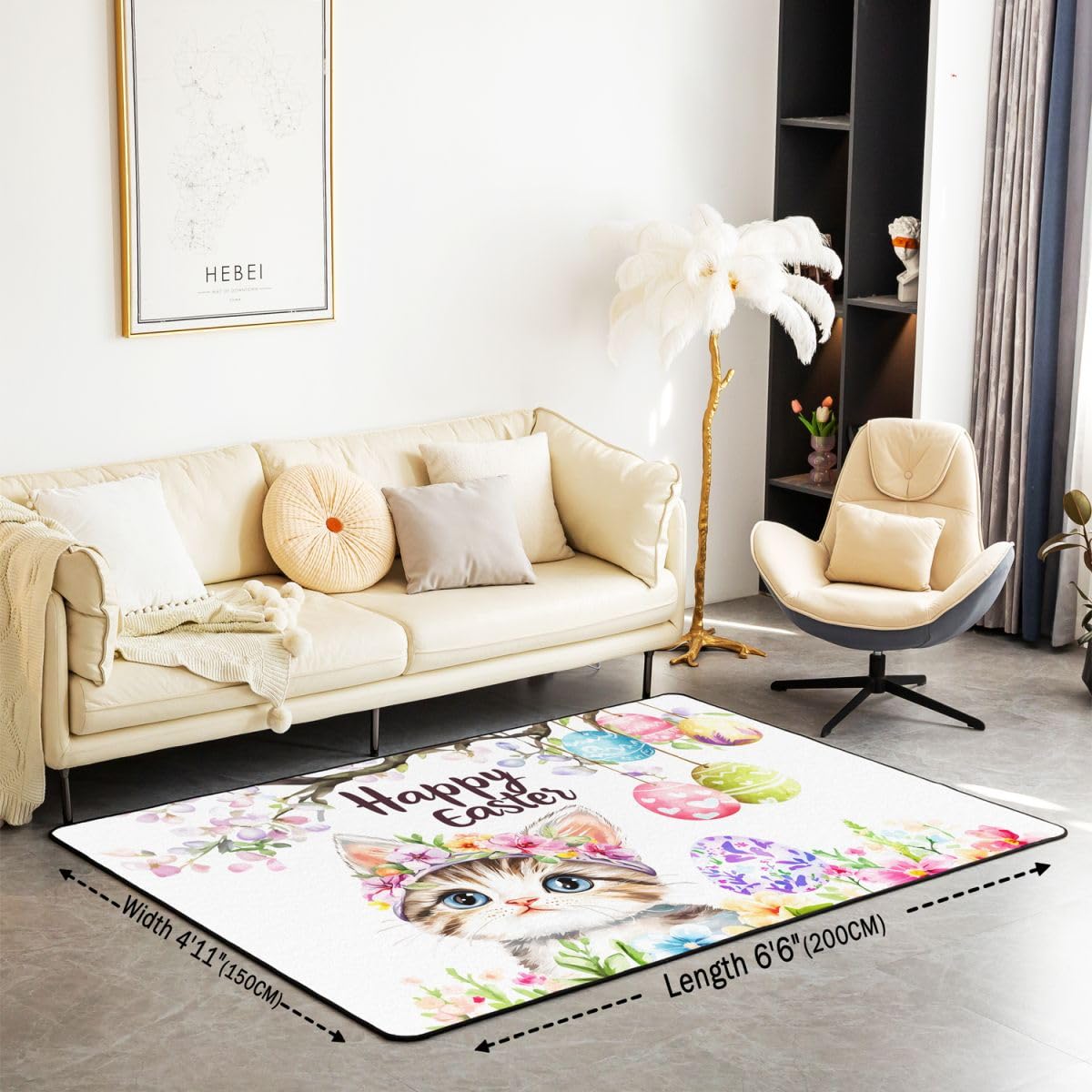 Dywan do salonu, motyw wesołych Świąt Wielkanocnych, 100 x 150 cm, Kawaii, koty, zwierzęta, kwiaty, do sypialni, dla dzieci, nastolatków, akwareli, pisanek, kwiatów, do wnętrz, jako