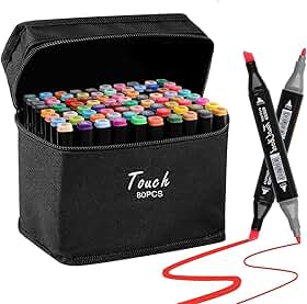 Kit de 80 Canetas Marcador Permanente Ponta Dupla Touch Coloridas para Desenho Profissional Escolar Infantil com Estojo Organizador Base Artista Canetinhas Hidrográficas Alcool Caneta para Colorir
