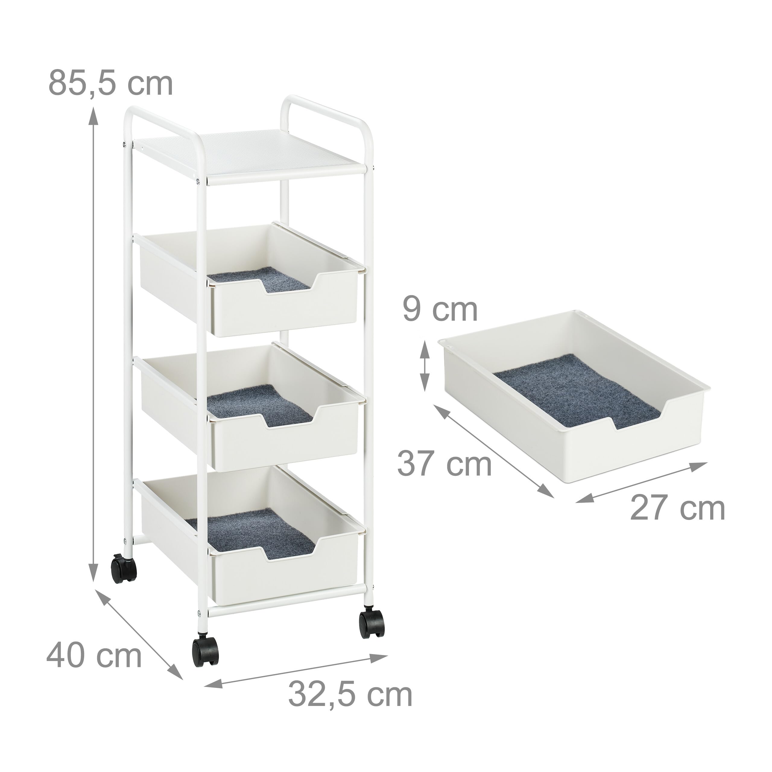 Relaxdays Carrito Auxiliar, 3 Niveles y Balda, Multiusos Cocina y Oficina, Camarera 85,5x32,5x40 cm, Plástico, Blanco