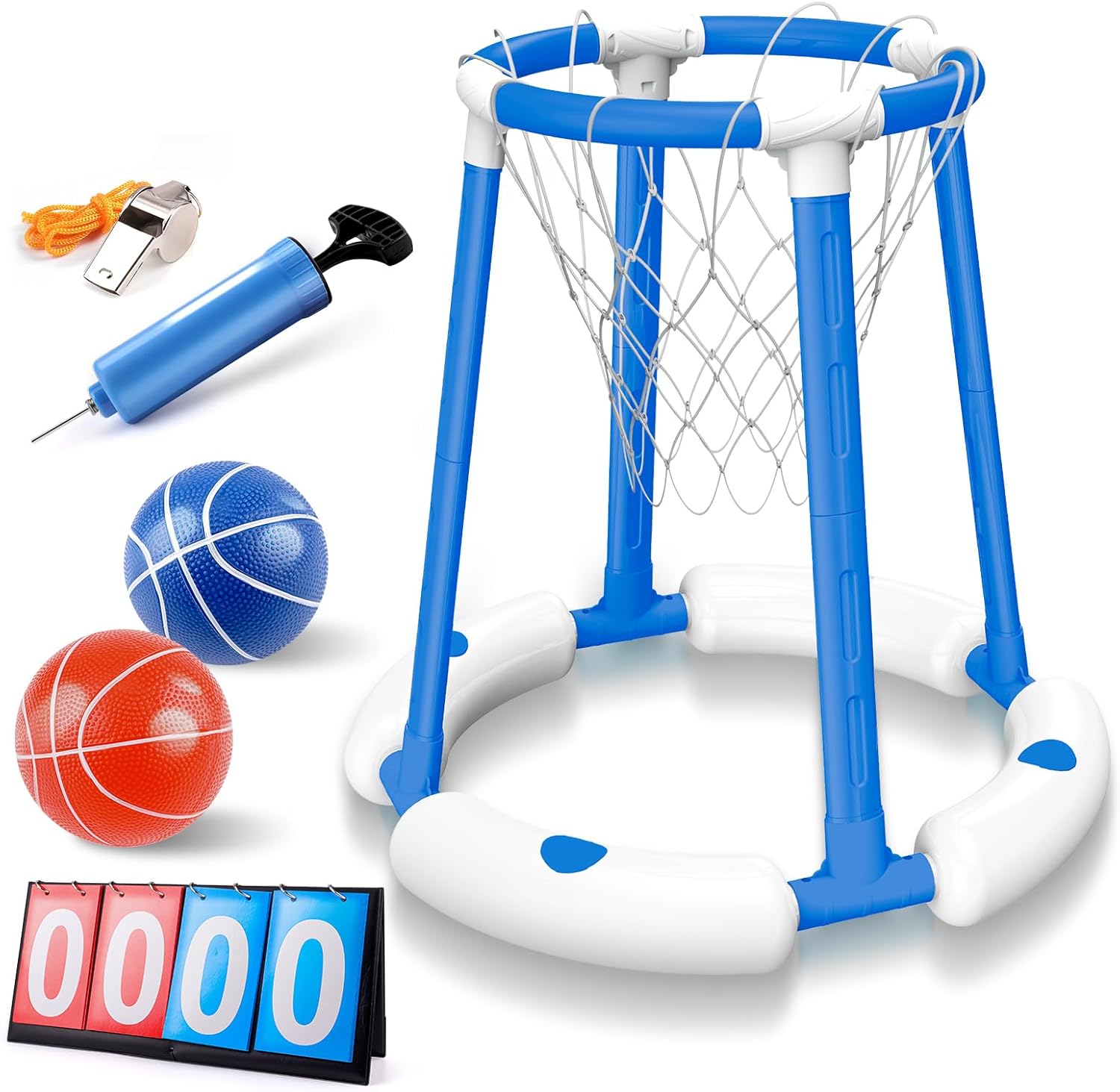 Pool Basketball Hoop Set, Floating Pool Basketball Game with Scoreboard & Whistle, Swimming Pool Toy Basket Ball Goal Poolside, Summer Indoor Outdoor Water Play Toy for Kids & Adults Blue & White