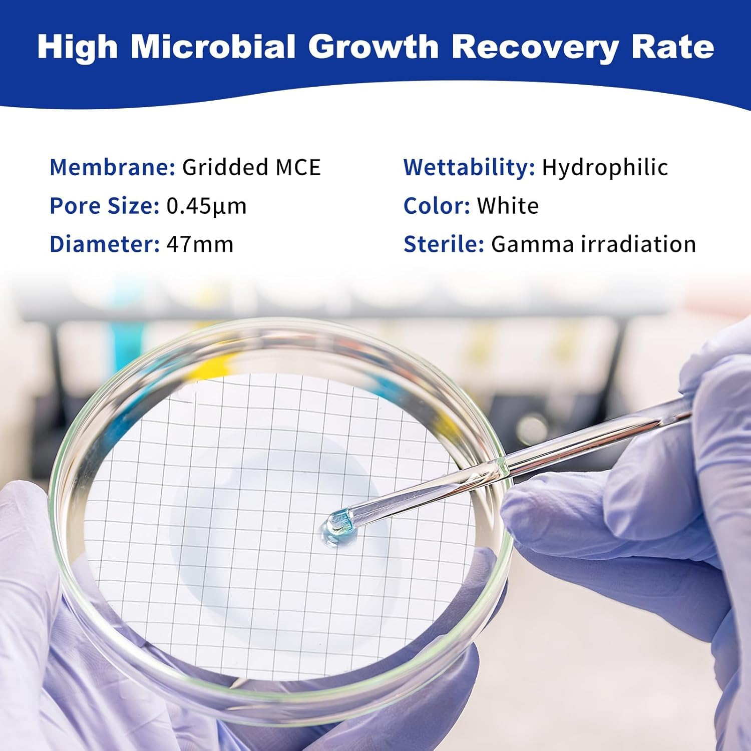 MCE Gridded Membrane Filter, Mixed Cellulose Esters Membrane Filter, Sterile Individual Pack Membrane Disc Filter, Diameter: 47 mm, Pore Size: 0.45 um, Pack of 100