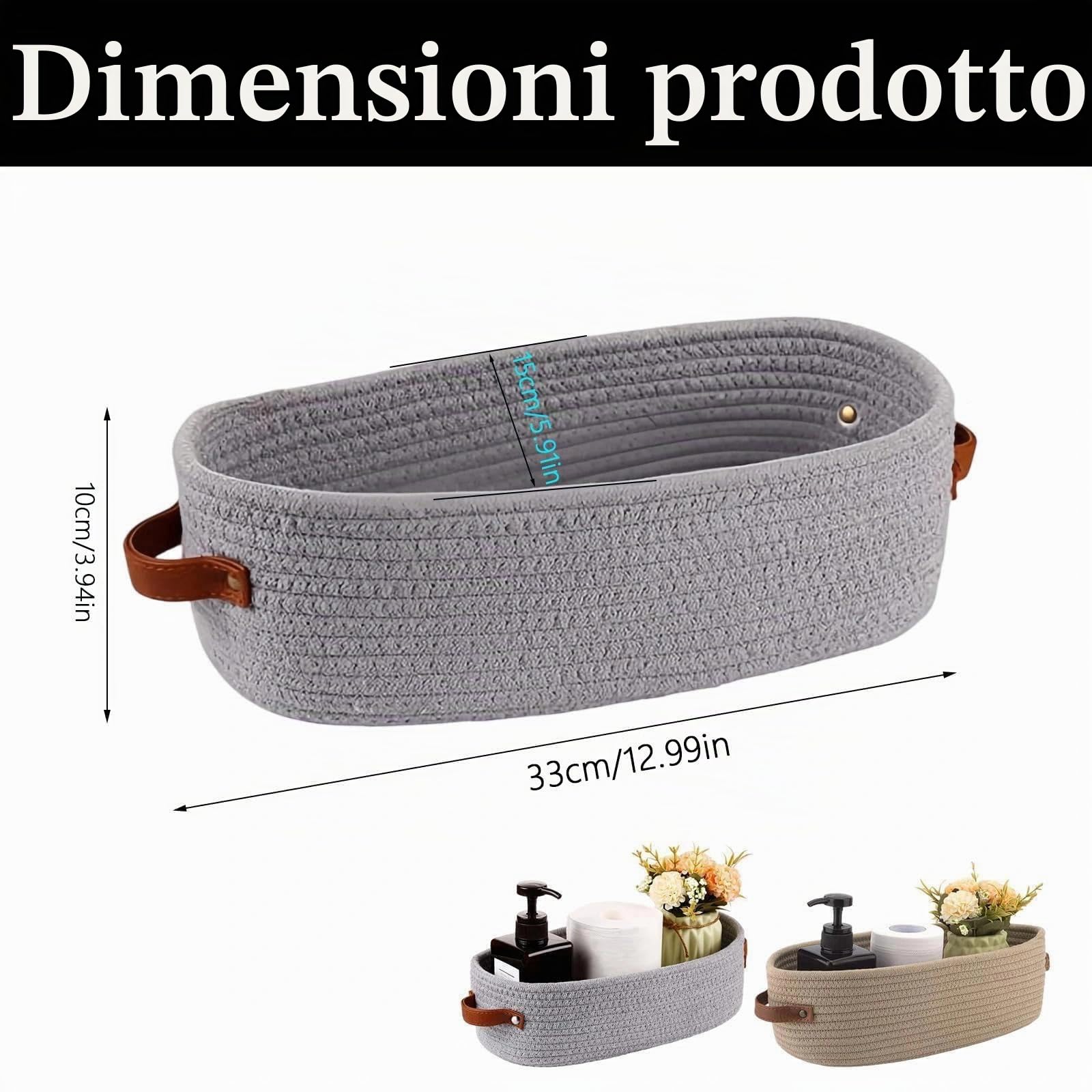 TIANLIN Set di 2 Cestini Portaoggetti Intrecciati in Cotone, 1 Grigio & 1 Kaki 33×15×10 cm, Cestino Portaoggetti con Manici in Pelle per Bagno, Camera, Cucina e Organizer Fasciatoio per Neonati