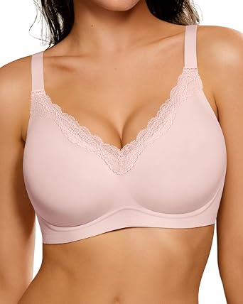 HORISUN BH Damen ohne Bügel mit V-Ausschnitt und Spitzenbesatz, Sanftem Halt Jelly BHS, Breite Träger und Seitenflügel, Nahtloser T-Shirt BH für Damen