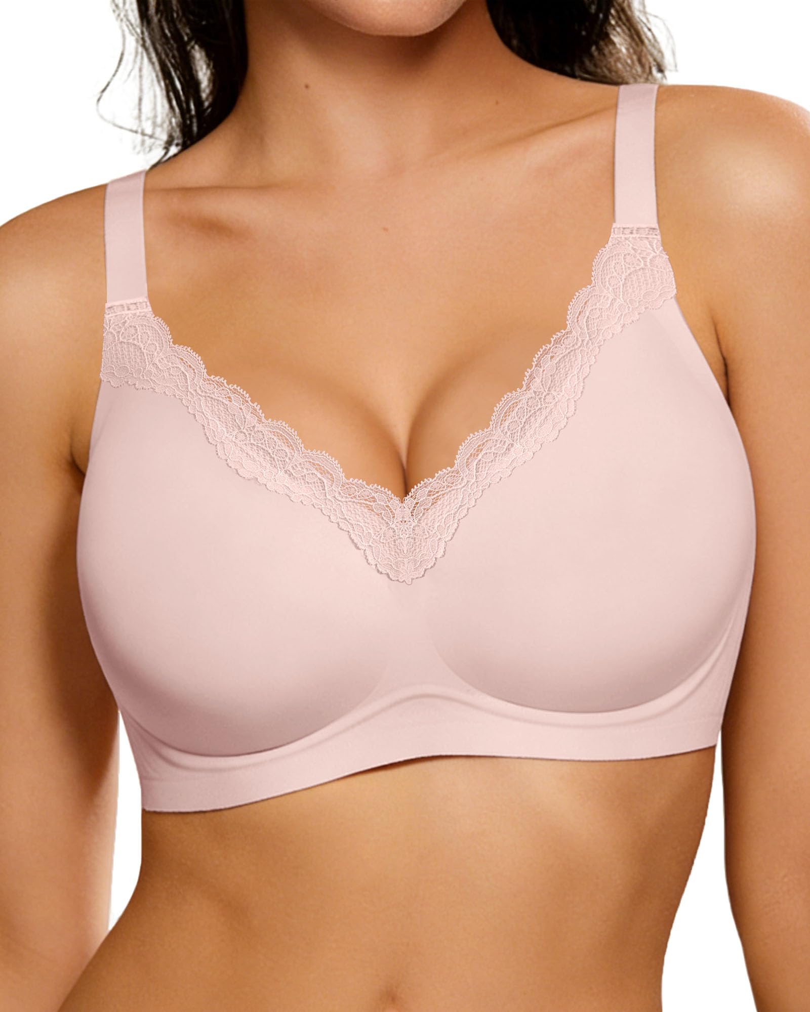 HORISUN BH Damen ohne Bügel mit V-Ausschnitt und Spitzenbesatz, Sanftem Halt Jelly BHS, Breite Träger und Seitenflügel, Nahtloser T-Shirt BH für Damen