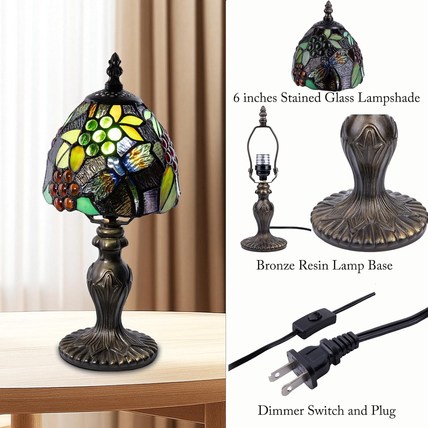 Small Stained Glass Table Lamp,6 inch Dragonfly Grape Tiffany Style 3-Color-Temperature lamp,for Bedside Living Room Office Decor Home Included LED Bulb