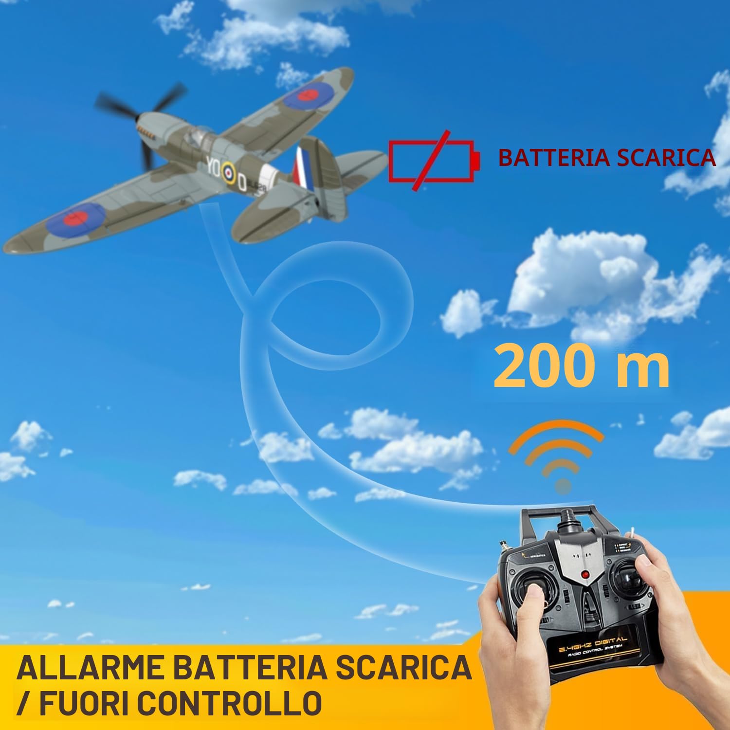 volantexrc Aereo RC, Caccia Spitfire V2 Telecomandato 4 Canali RTF con Alettoni, Gyro, Funzioni Acrobatiche e 3 Modalità, Facile da Pilotare, Aeromobile Radiocomandato