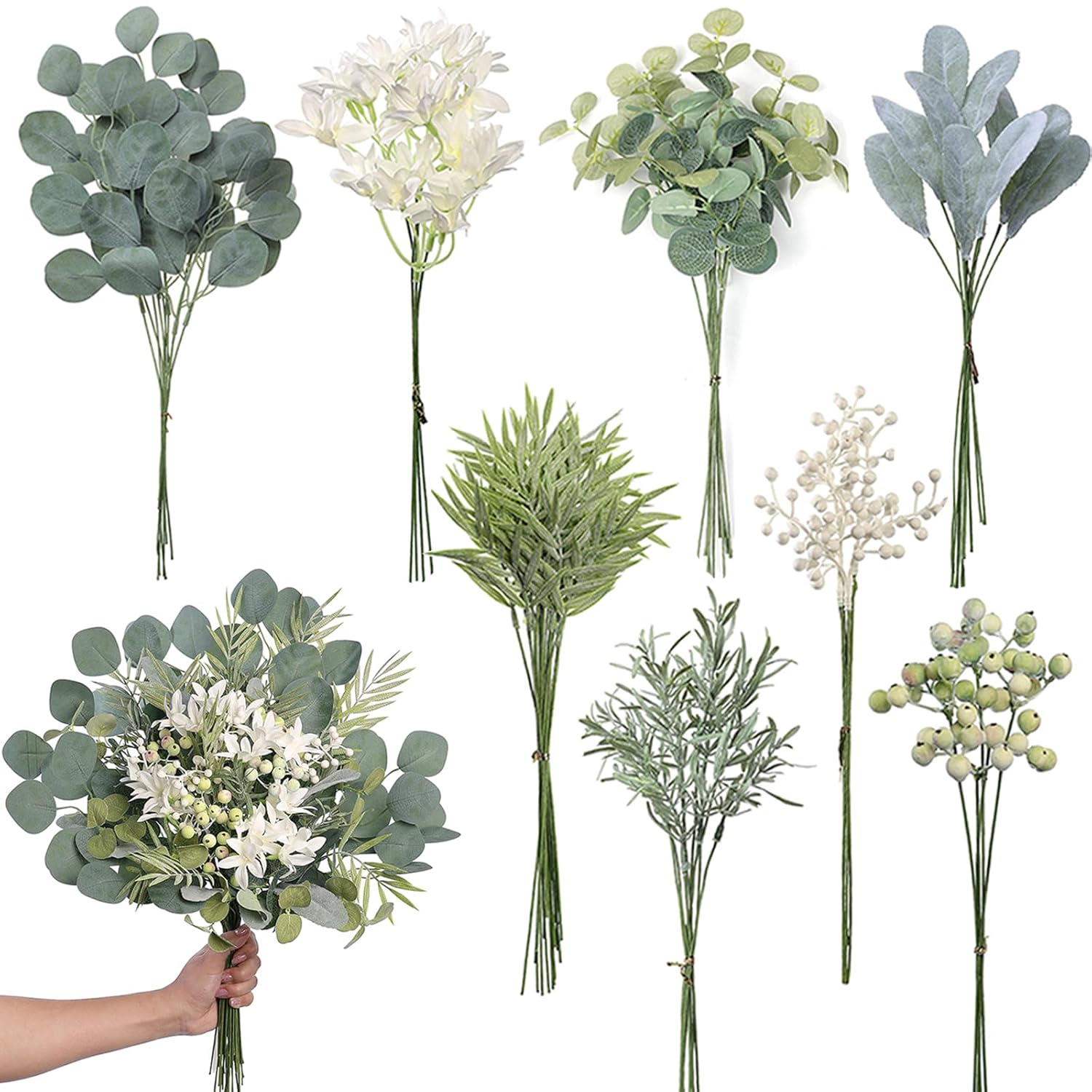 FOTEEWL 75 Pcs Artificial Greenery Stems Box Set with 8 Kinds of Faux Plants and Fake Flowers for