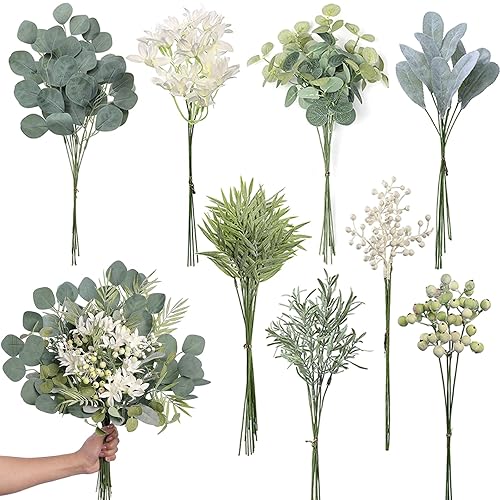 FOTEEWL 75 Pcs Artificial Greenery Stems Box Set,with 8 Kinds