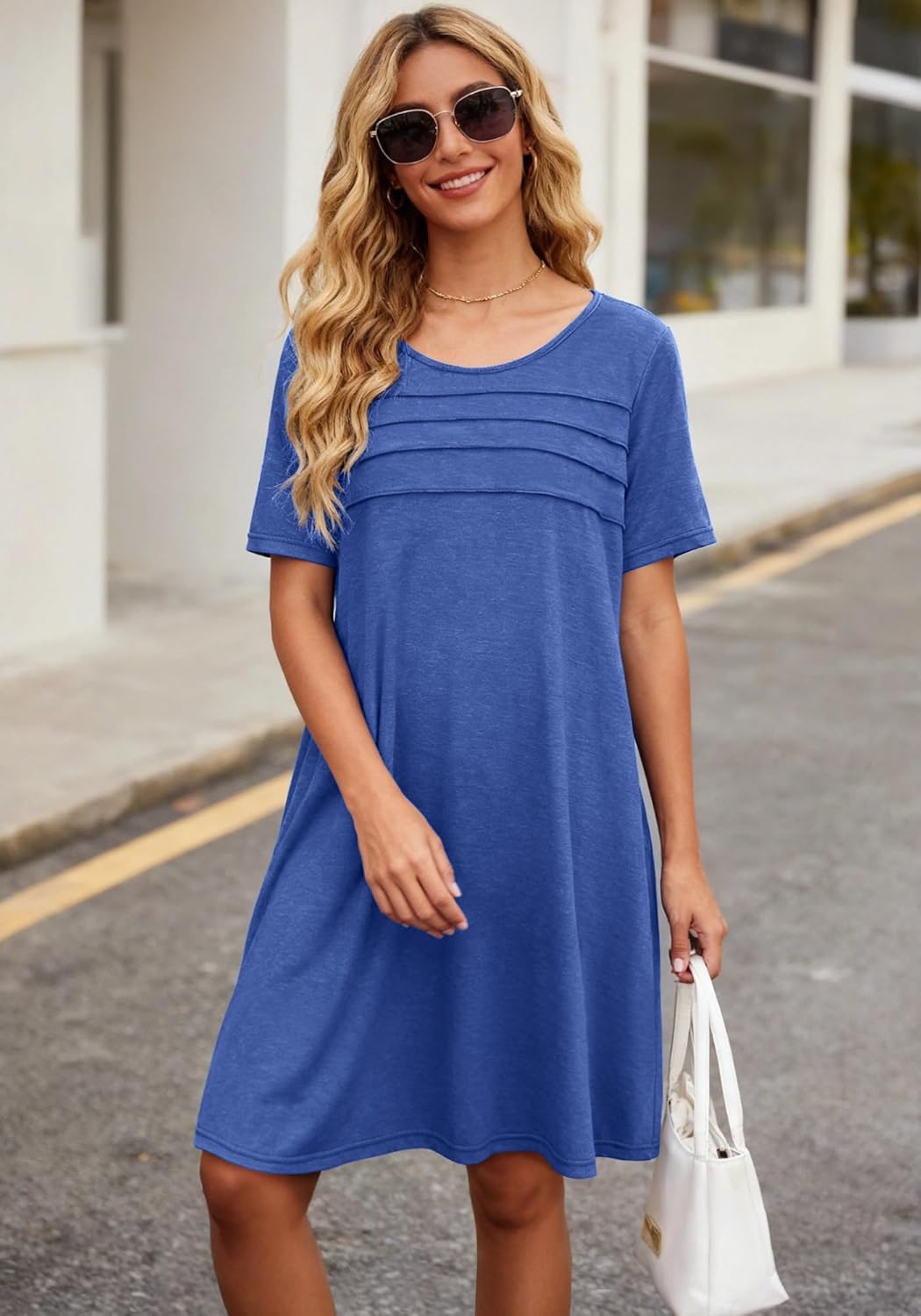 elescat Sundress for Women Casual Loose Summer Short Sleeve Pleated Front Crew Neck T Shirt Dress with Pockets - Image 2