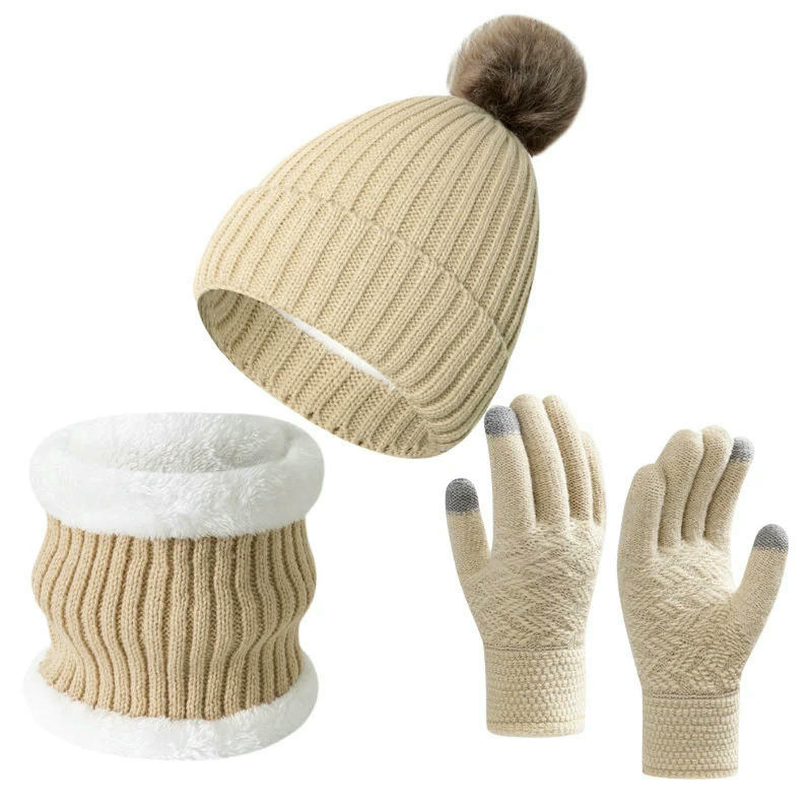 Mütze,Schal & Handschuh-Sets 3-teiliges Strickmützen-Set Für Den Winter, Mit Großen Pompons Wärme Und Dickem Fleece, Geeignet Männer Frauen-grau