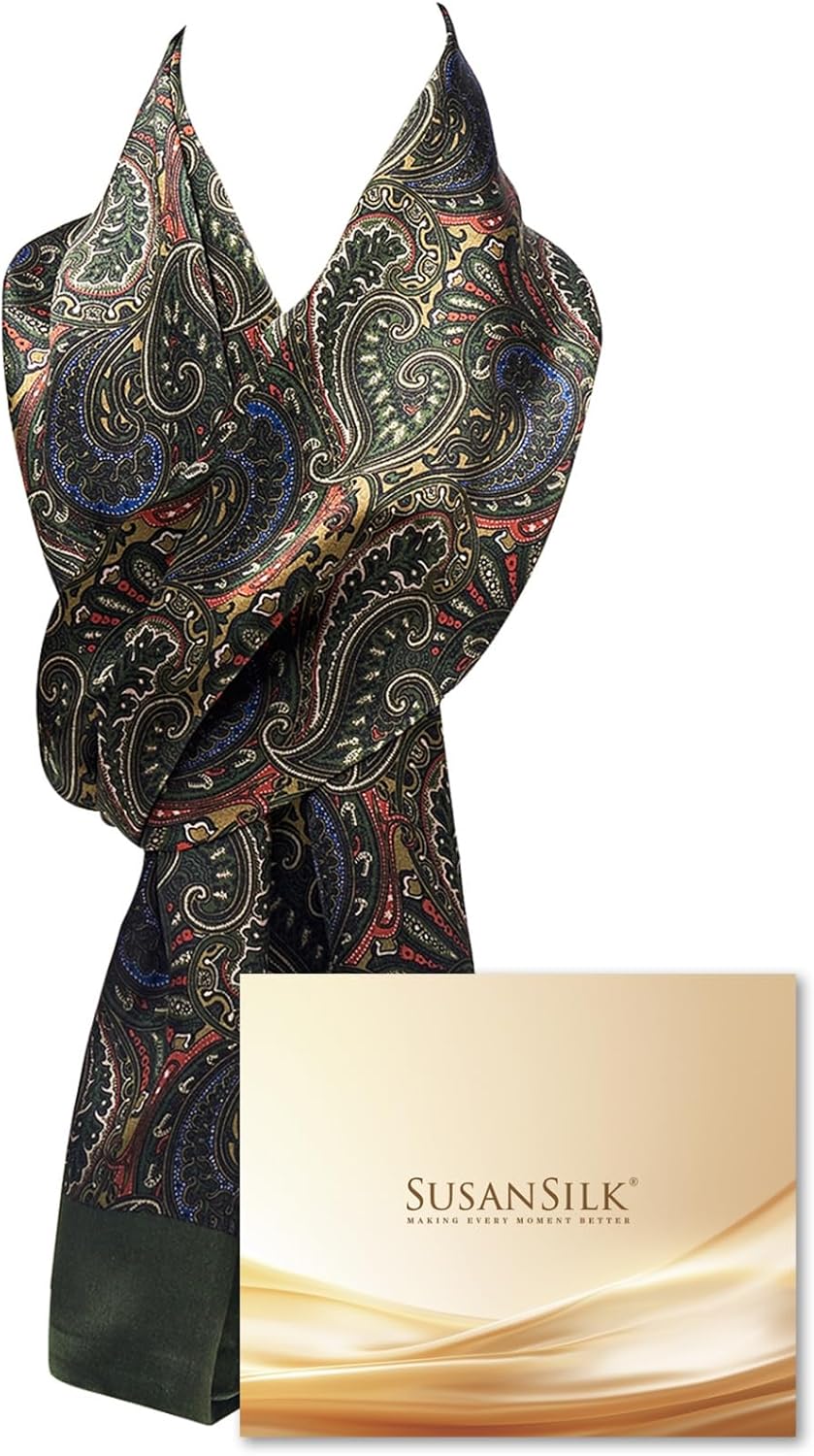 Men's Luxurious Mulberry Silk Scarf 11''x67'', Thin Double-Layer, Double-Sided Scarves for All Seasons (Green Paisley)
