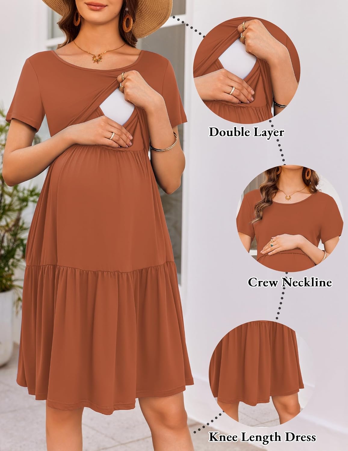 Ekouaer Nursing Dress Summer Short Sleeve Breastfeeding Casual Knee Length Maternity Dresses S-XXL - Image 4