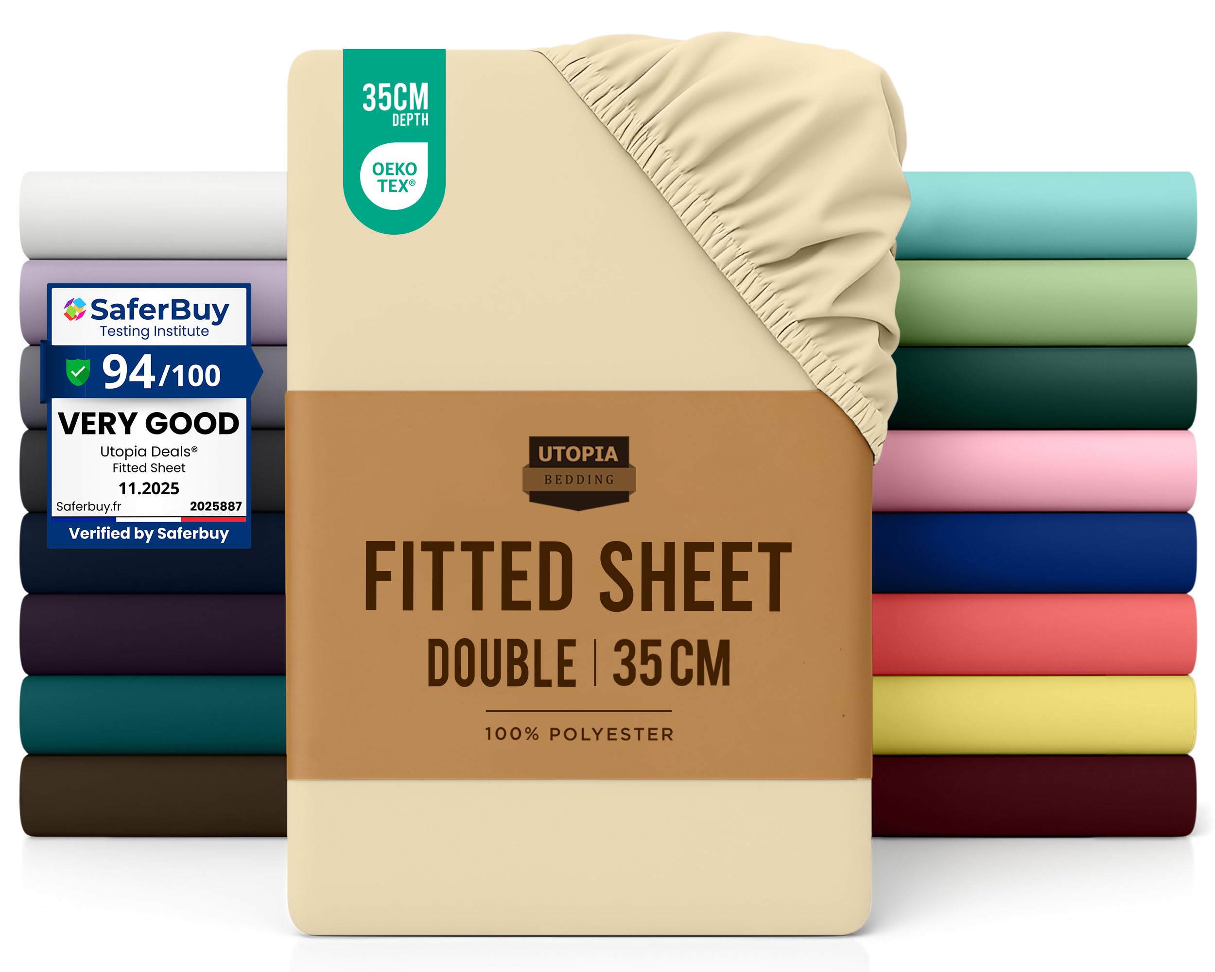 Utopia Bedding Fitted Sheet Double, Beige - Deep Pocket 14 inch (35 cm) - Easy Care - OEKO-TEX Certified - Soft Brushed Microfibre Fabric - Shrinkage and Fade Resistant - Bottom Sheet