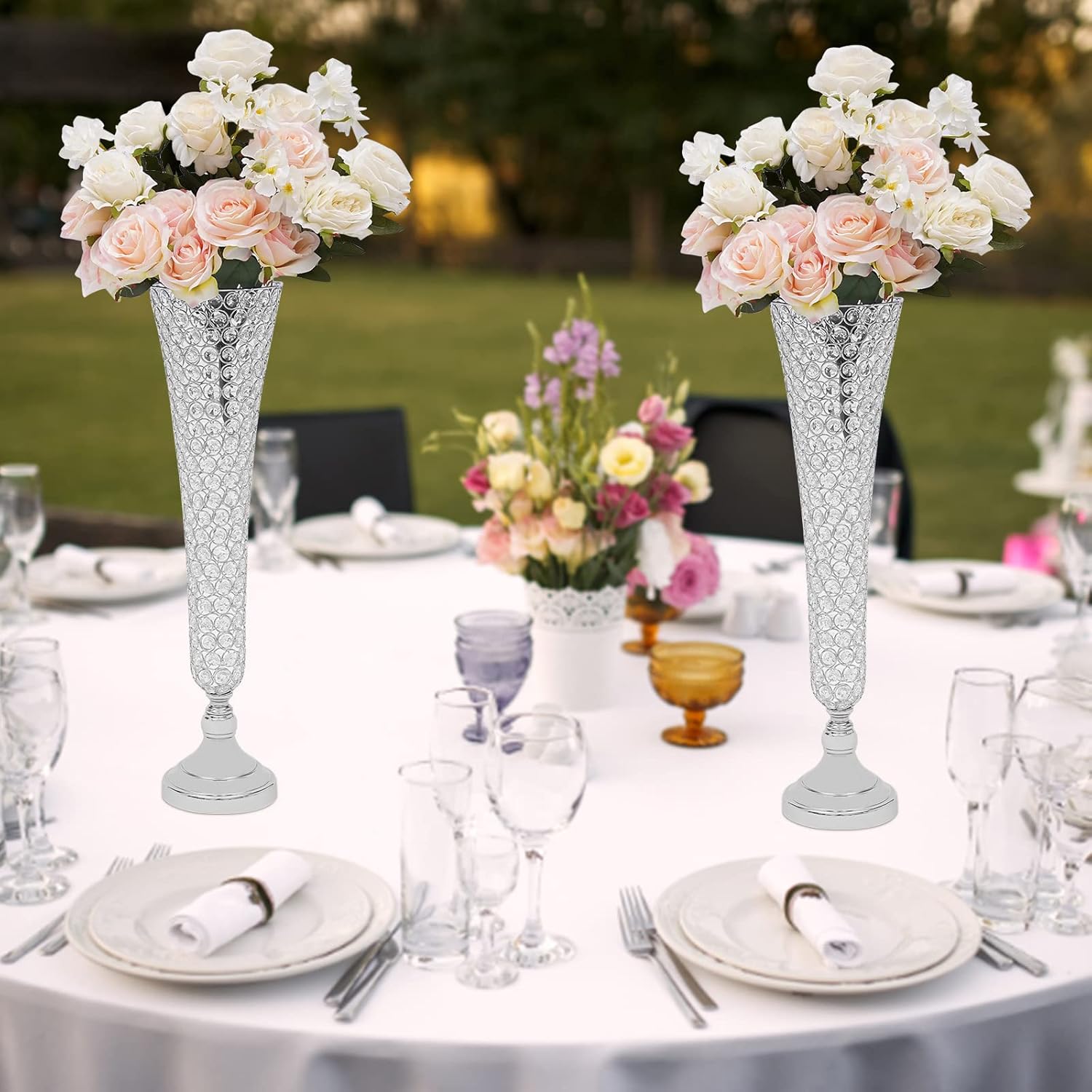 2 Pieces Crystal Trumpet Tall Vase, 20 inch Wedding Centerpiece Vase Iron Crystal Vase Table Decoration for Wedding Party Event Decoration, Silver
