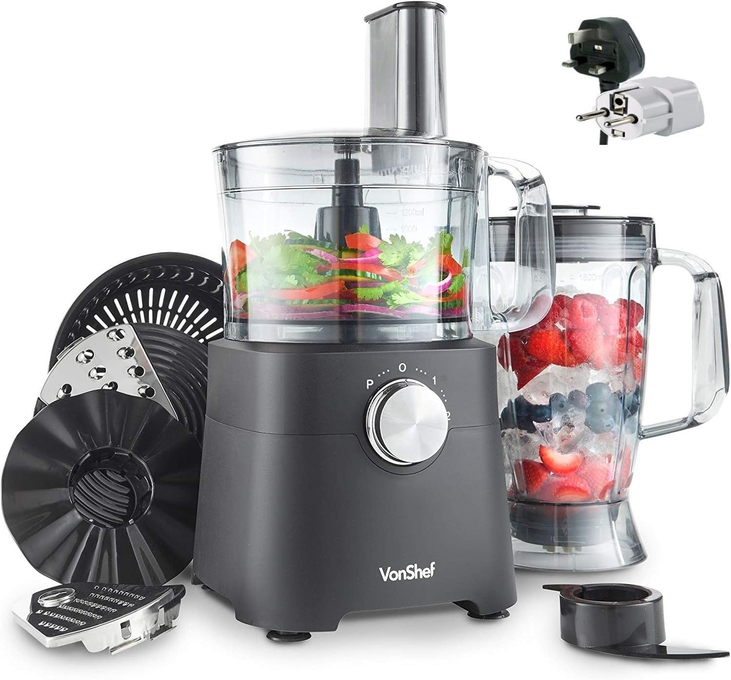 VonShef 220Volt 750W Food Processor – Blender, Chopper, Juicer, Multi Mixer with Dough Blade, Shredder & Grater Attachment - 2L Mixing Bowl & 1.8L Jug Bundle With Dynastar Plug Adapters 220-240V (NOT