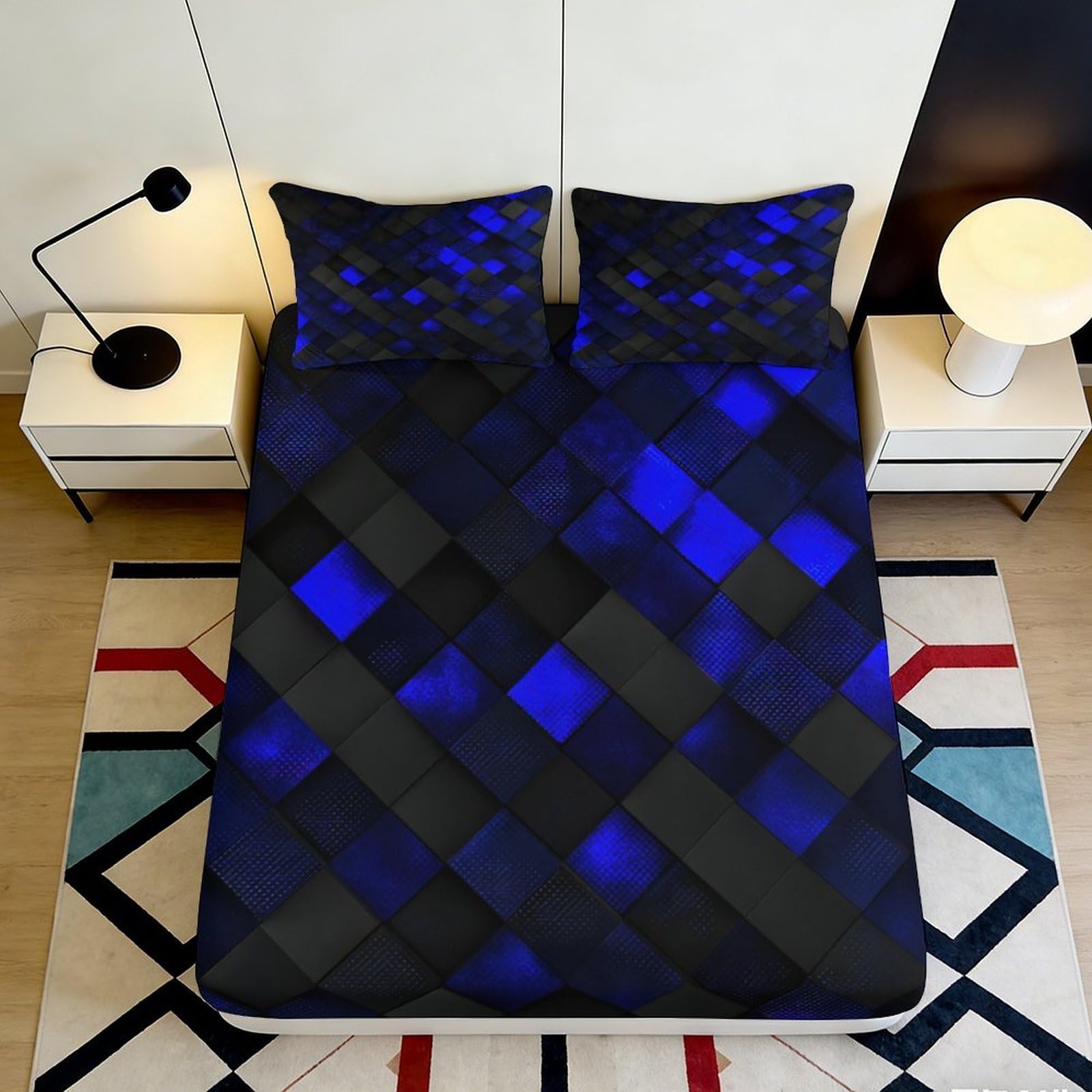 3D Printed Blue Geometric Fitted Sheet Microfiber Soft Anti-Slip Night Mosaic Mattress Cover for Bedroom Dorm 200x200x25cm