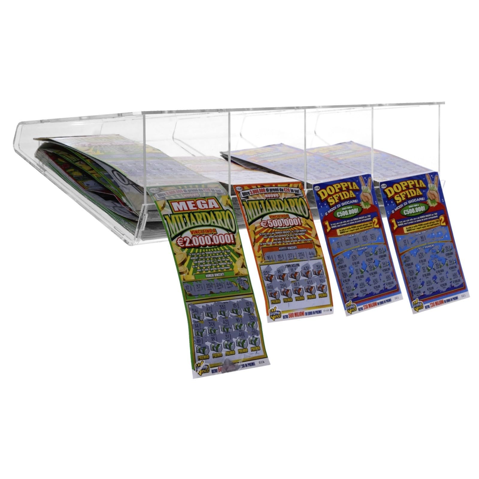 Espositore gratta e vinci da soffitto in plexiglass trasparente a 4 scomparti lato rivenditore - Misure: 50x26x H13 cm